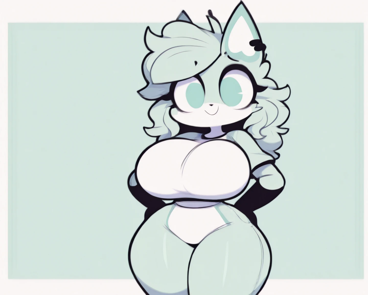 by zackary911, (coffeesoda:1.1), hioshiru, zackary911, wolf, anthro, female, solo, sports bra clothing, fur, looking up perspective, perspective from tiny, (she is looking down at the tiny), curvy thighs, huge thighs, blep, left eye=cyan, right eye=purple,heterochromia, purple right iris, cyan left iris, white and purple fluffy body, (:1.5),