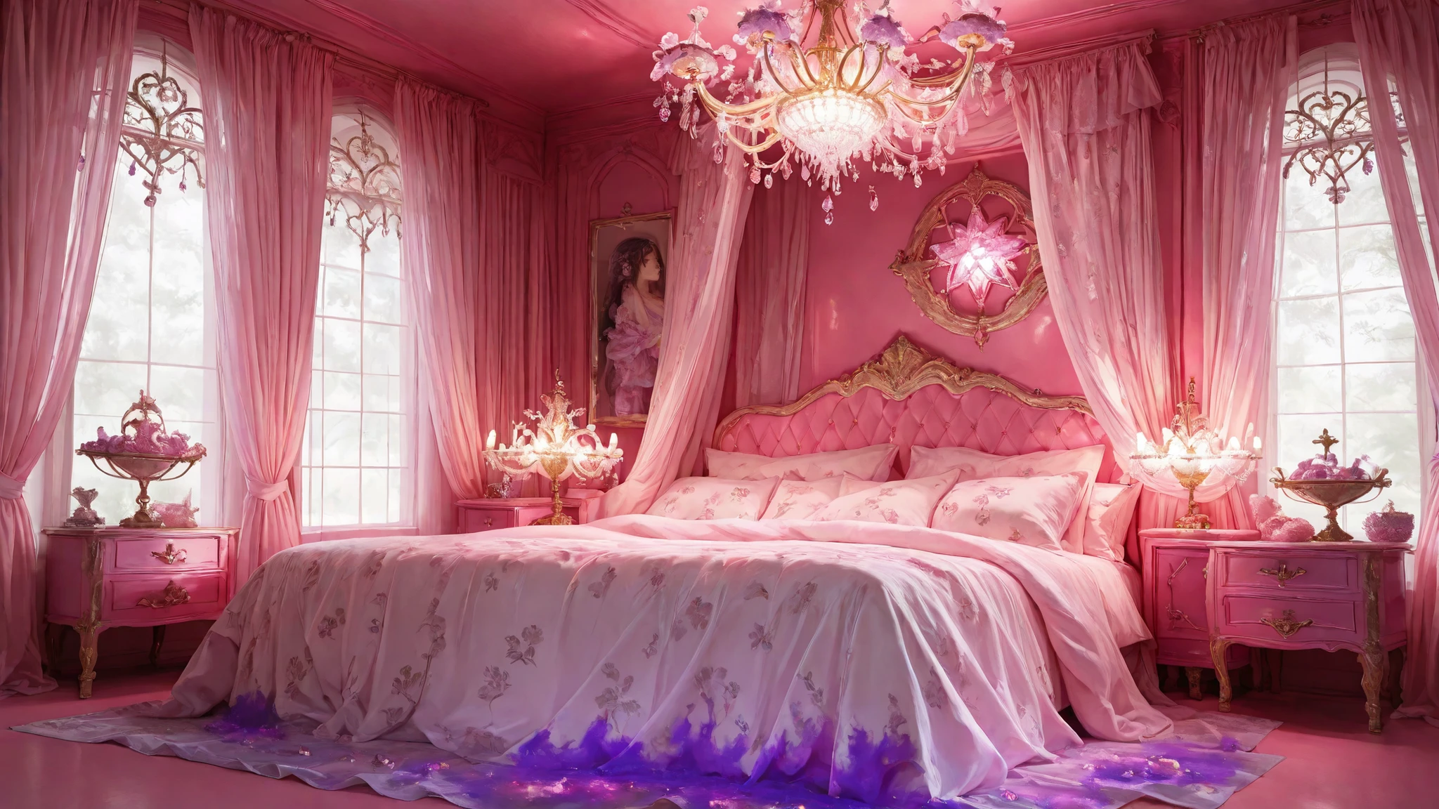 (masterpiece, detailed:1.2),best quality,ultra high res,photorealistic,8K UHD,hyper-detailed, newest, Barbie b3dr00m, large bed, scattered big pillows, dark room, beautiful and aesthetic, deep shadow, fantasy theme, divine, window, canopy curtains, floral print bedsheets, giant chandelier sparkling above, Tyrian Irisation: When Imperial Purple Dissolves into Celestial Arcs, gem