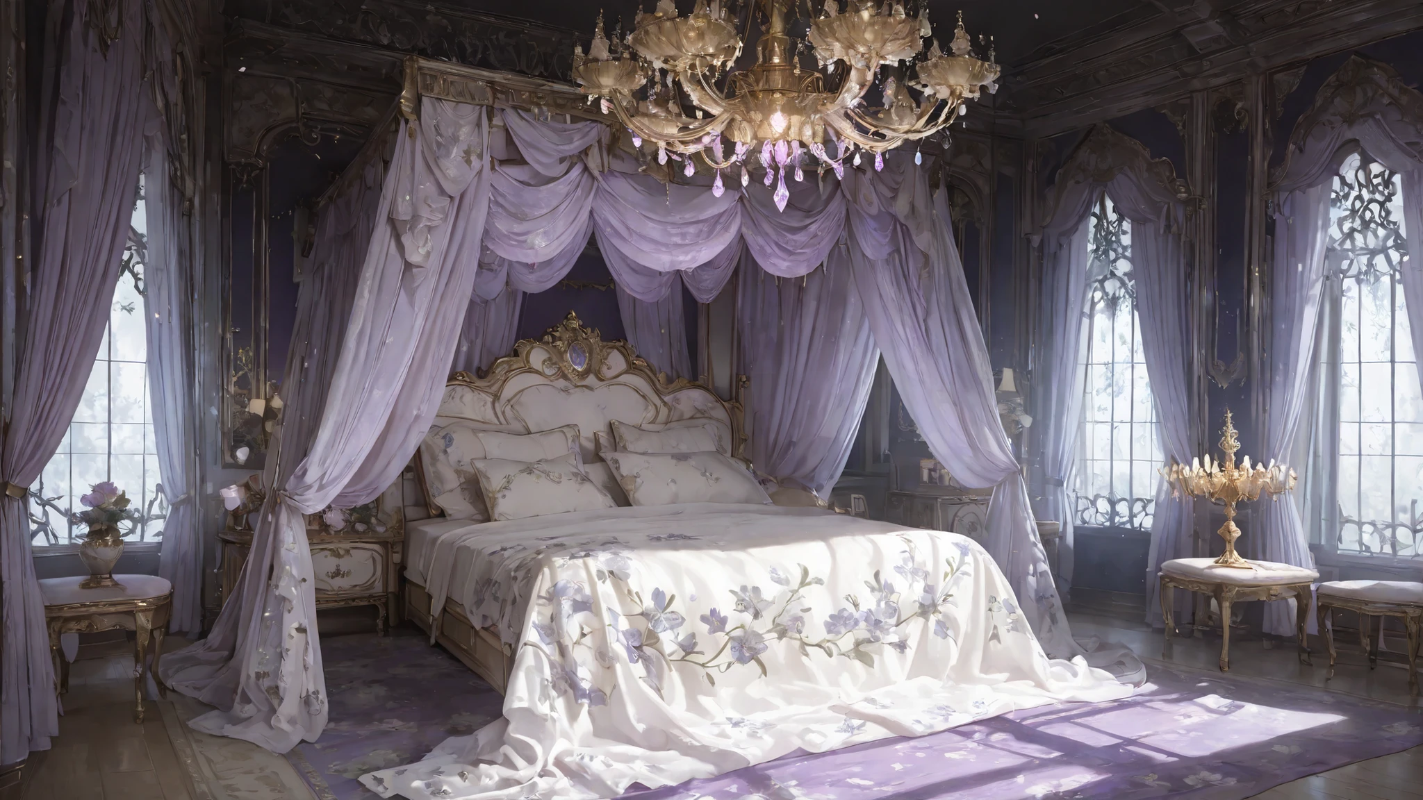 (masterpiece, detailed:1.2),best quality,ultra high res,photorealistic,8K UHD,hyper-detailed, newest, fantasy bedroom, large bed, scattered big pillows, dark room, beautiful and aesthetic, deep shadow, fantasy theme, divine, window, canopy curtains, floral print bedsheets, giant chandelier sparkling above, Tyrian Irisation: When Imperial Purple Dissolves into Celestial Arcs, gem