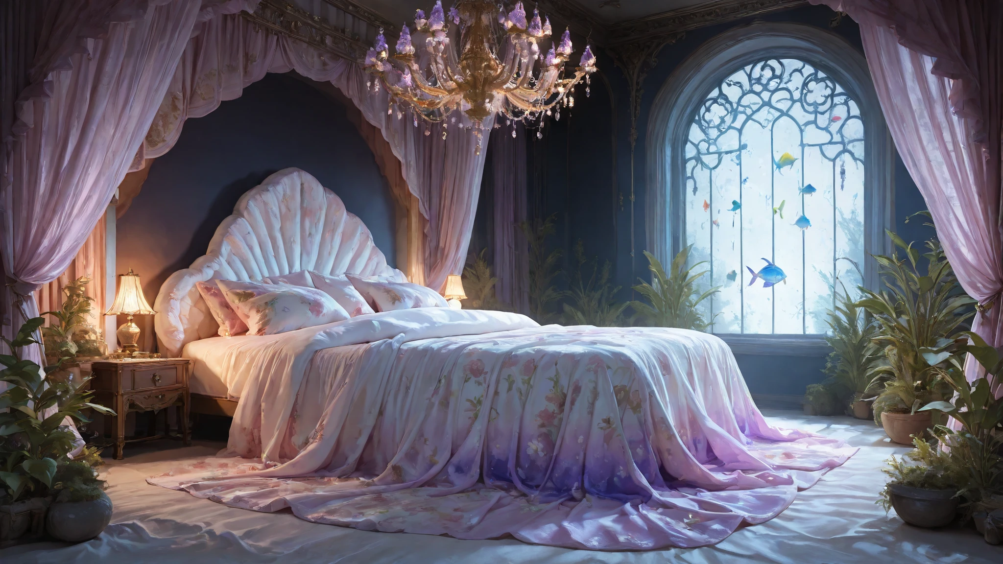 (masterpiece, detailed:1.2), best quality,ultra high res,photorealistic,8K UHD,hyper-detailed, newest, bedroom of the M3rm41d, large bed, scattered big pillows, dark room, beautiful and aesthetic, deep shadow, fantasy theme, divine, window, canopy curtains, floral print bedsheets, giant chandelier sparkling above, Tyrian Irisation: When Imperial Purple Dissolves into Celestial Arcs, gem, Colorful fish swim past large windows of translucent bubble-like glass, and bioluminescent plants