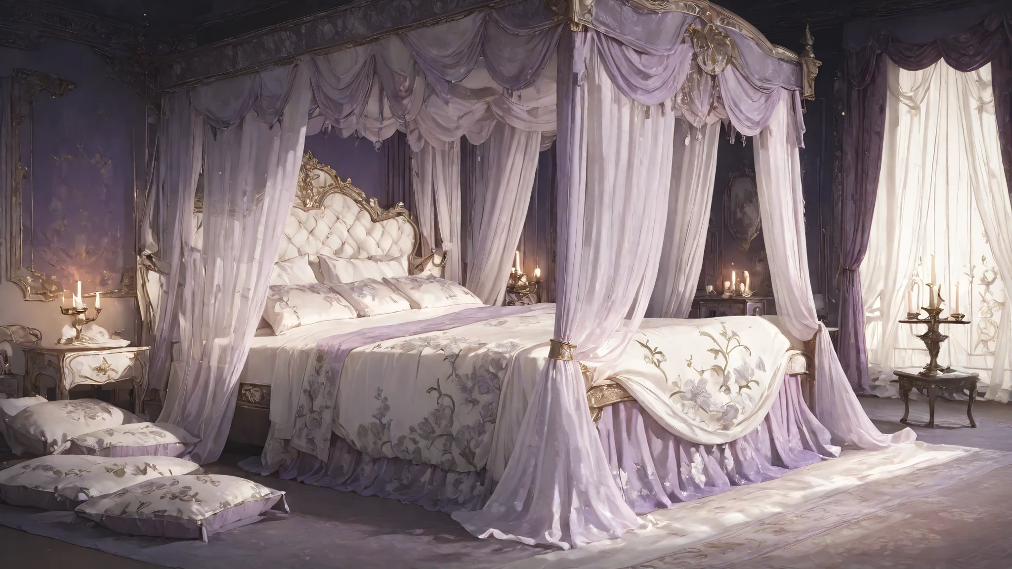 masterpiece,best quality,ultra high res,photorealistic,8K UHD,hyper-detailed, newest, fantasy bedroom, big pillows, dark room, beautiful and aesthetic,deep shadow, fantasy theme, divine, royal bedroom, indoors, luxurious, canopy bed, full of curtains, jewelry, candlelight, Tyrian Irisation: When Imperial Purple Dissolves into Celestial Arcs,floral print, gem, scattered pillows