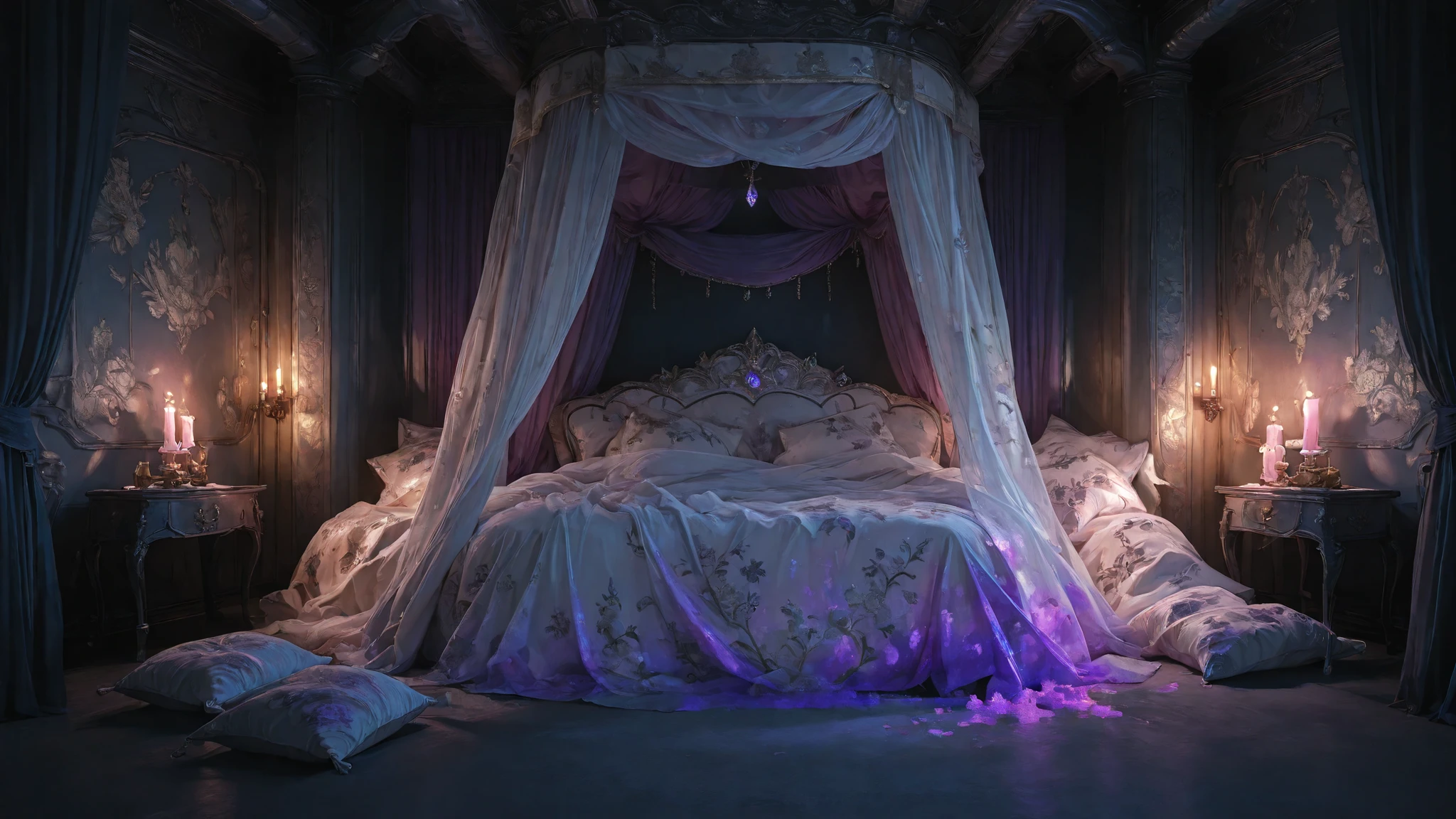 masterpiece,best quality,ultra high res,photorealistic,8K UHD,hyper-detailed, newest, futuristic b3dr00m, large bed, big pillows, dark room, beautiful and aesthetic,deep shadow, fantasy theme, divine, royal bedroom, indoors, luxurious, canopy bed, full of curtains, jewelry, candlelight, Tyrian Irisation: When Imperial Purple Dissolves into Celestial Arcs,floral print, gem, scattered pillows