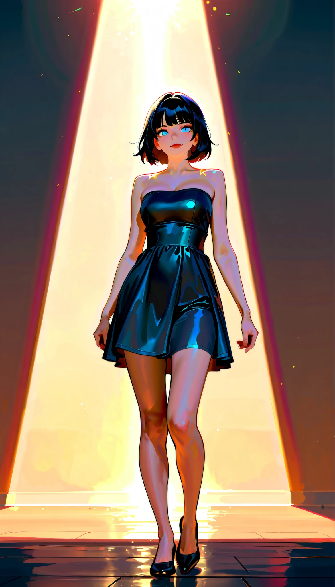 (RAW Photo), Absurd Resolution, Hyperrealism, Photorealism, Maximum Quality, 16k, Masterpiece, Ultra Detailed) (beautiful girl, 21 years old), (sharp pupil, blue eye), (black hair and brown extensions), (made-up, red lips), (woman wearing a short, strapless, sleeveless dress in a light green, thin fabric), (standing, beautiful, perfect legs), (background: a spectacular city street, skyscrapers), dynamic girl, light rays, volumetric lighting, (Photographic Perspective). «SunPuma S»