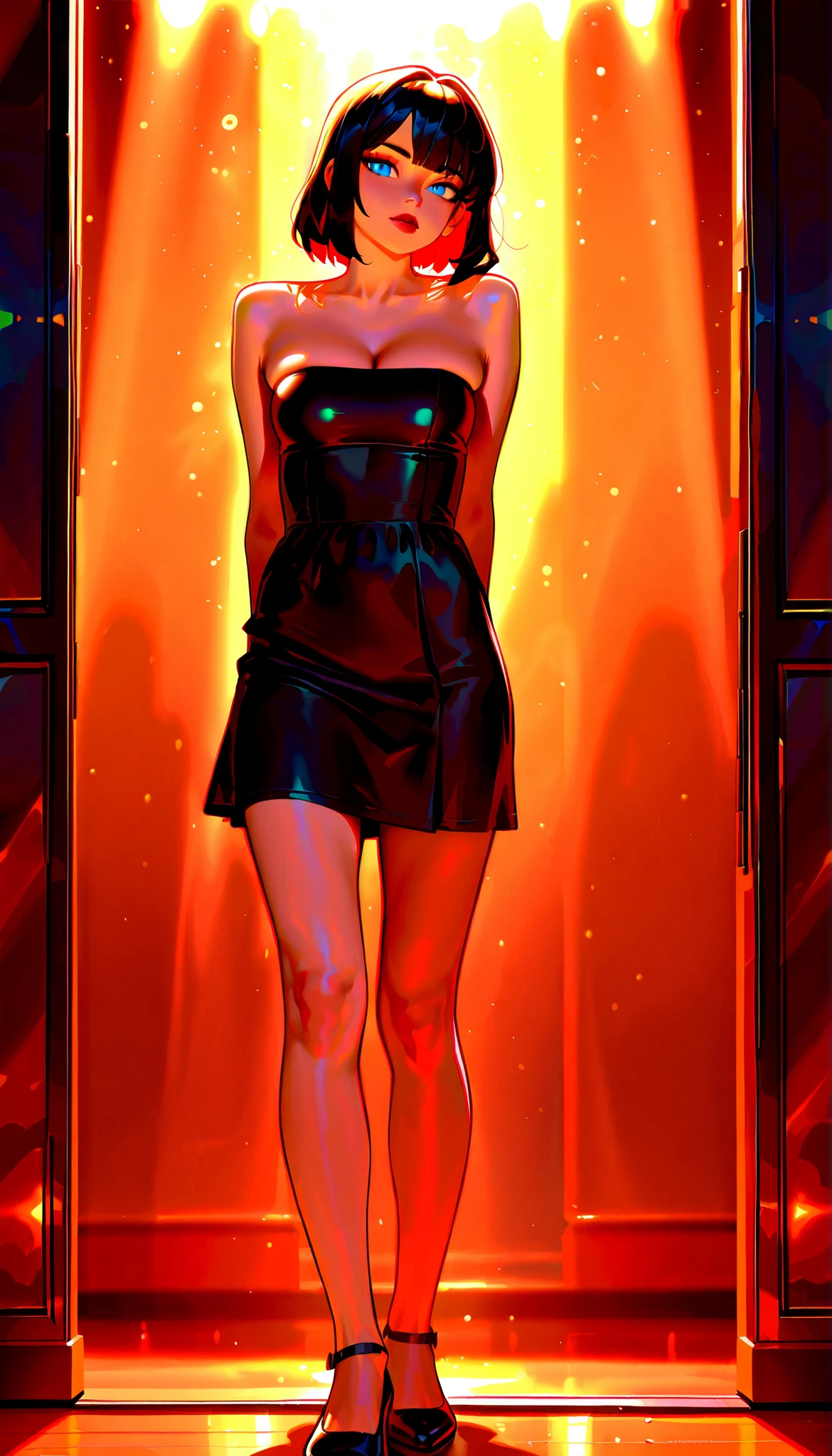 (RAW Photo), Absurd Resolution, Hyperrealism, Photorealism, Maximum Quality, 16k, Masterpiece, Ultra Detailed) (beautiful girl, 21 years old), (sharp pupil, blue eye), (black hair and brown extensions), (made-up, red lips), (woman wearing a short, strapless, sleeveless dress in a light green, thin fabric), (standing, beautiful, perfect legs), (background: a spectacular city street, skyscrapers), dynamic girl, light rays, volumetric lighting, (Photographic Perspective). «SunPuma S»