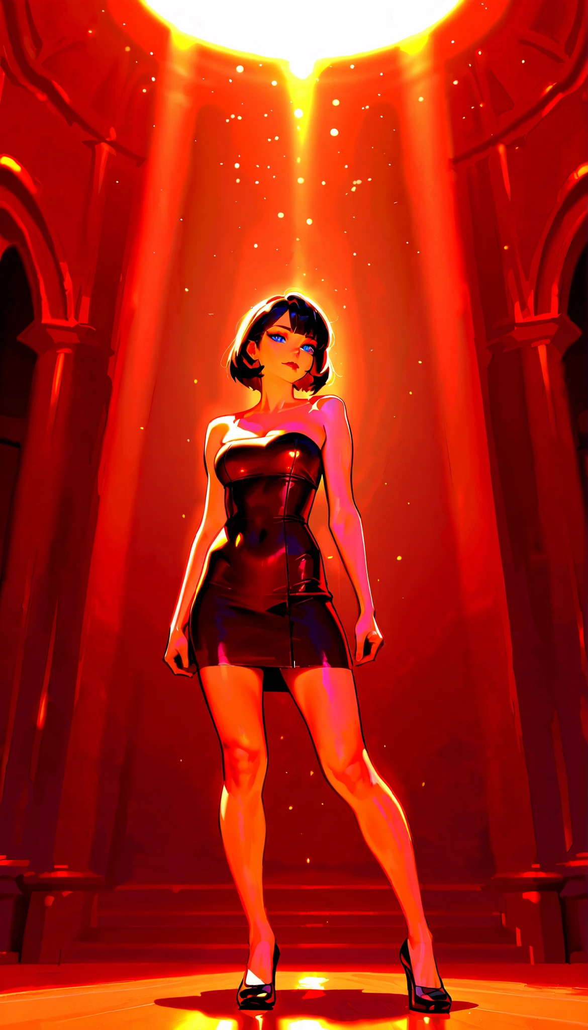 (RAW Photo), Absurd Resolution, Hyperrealism, Photorealism, Maximum Quality, 16k, Masterpiece, Ultra Detailed) (beautiful girl, 21 years old), (sharp pupil, blue eye), (black hair and brown extensions), (made-up, red lips), (woman wearing a short, strapless, sleeveless dress in a light green, thin fabric), (standing, beautiful, perfect legs), (background: a spectacular city street, skyscrapers), dynamic girl, light rays, volumetric lighting, (Photographic Perspective). «SunPuma S»