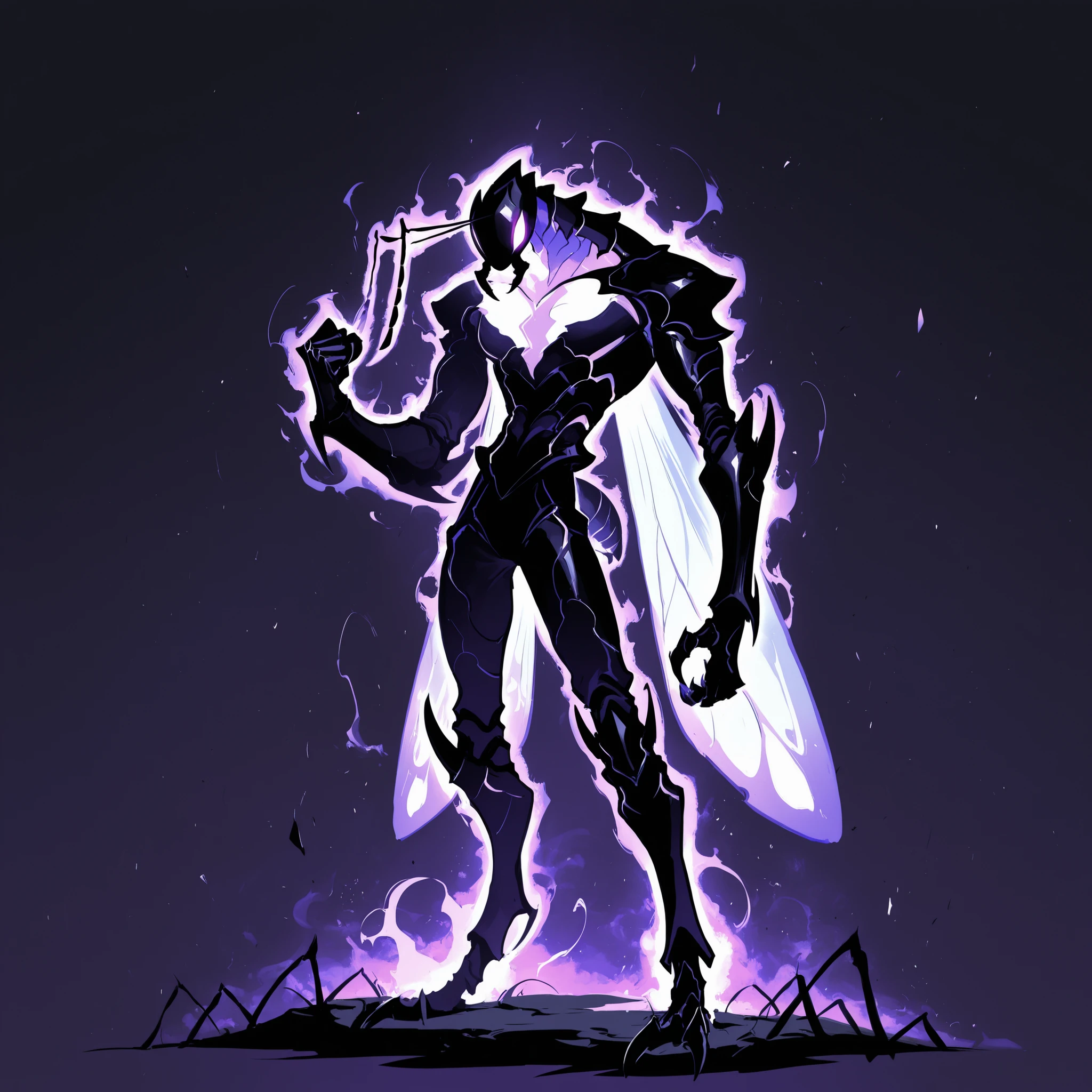 masterpiece, ultra-HD, impressionism, high detail, best quality, very aesthetic, 8K, best quality, beautiful, ultra-high resolution, 32K UHD, sharp focus, 1man, solo, akb, male, anthro insect, glowing purple eyes, antennae, insect wings, insect abdomen, ant abdomen, muscular, toned, defined, black skin, mandibles, ant mandibles, exoskeleton, armor, claws, glowing aura, serious, raised fist, standing, full body, looking at the viewer, simple background, profile view
