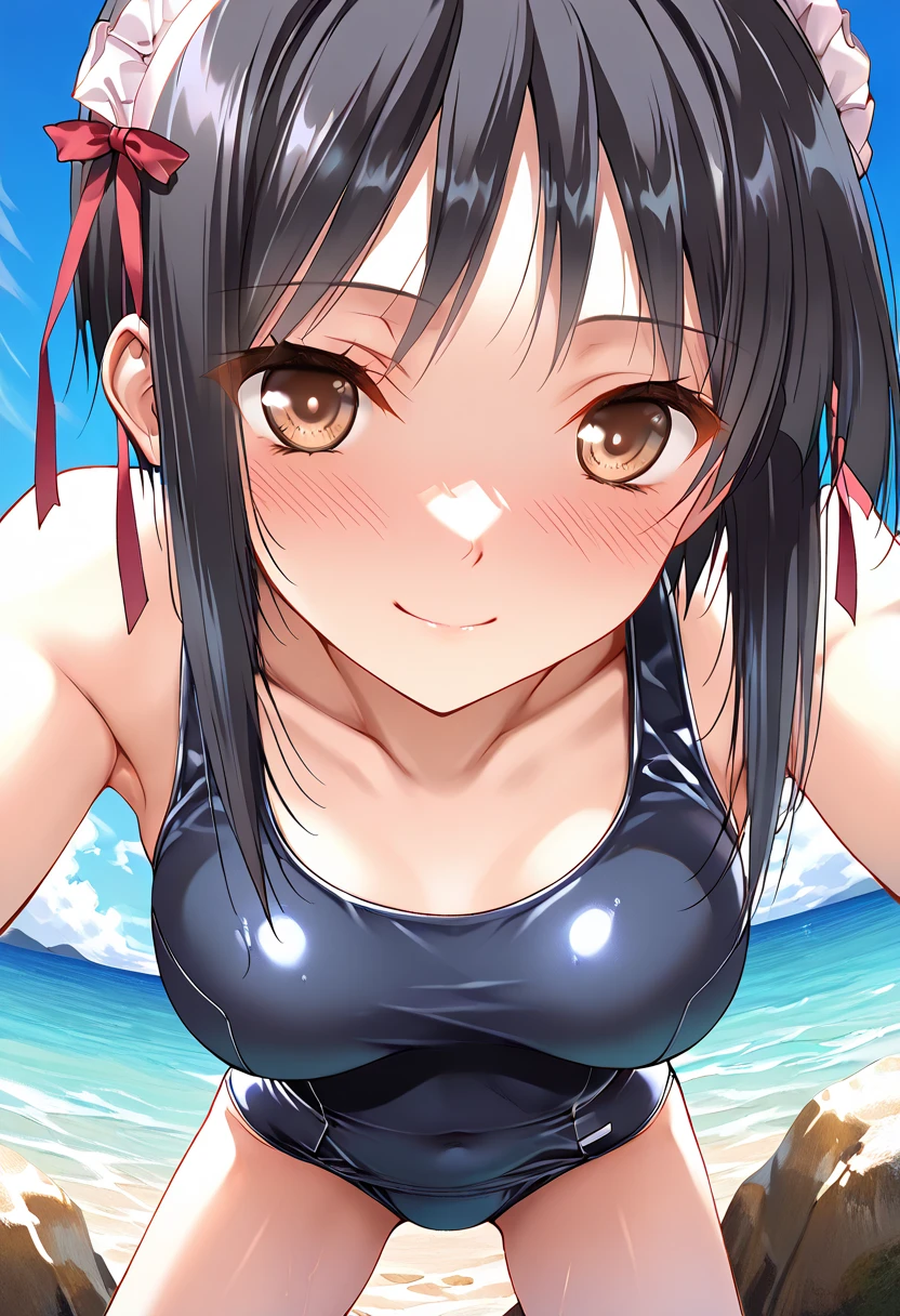 ((top-quality, 8K, masterpiece:1.3)), A detailed eye, (looking at from the front), Look at the camera, ((Everything is sparkling、reflecting light:1.2)), (Best Ratio: 4 fingers, 1 thumb), (portrait), , 1girl, solo, long hair, pink hair, hat, ((slim girl, Large breasts, hyperdetailed lips)), red lips, (thighhighs, shorts, suspenders, boots, purple eyes), navel, smiling, crop top, belt, suspender shorts, complex detailed background, barren land, rocks, ocean, nature environment,