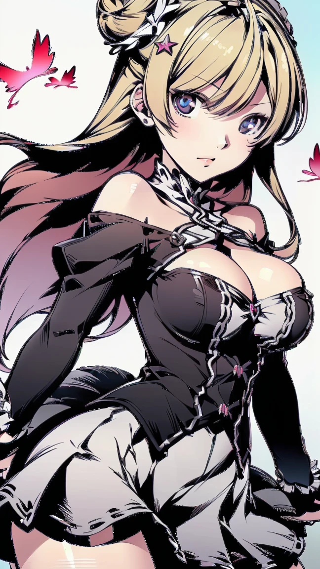 2d, masterpiece, best quality, anime, highly detailed, 1girl, solo, cowboy shot, nakano nino, pink hair, butterfly hair ornament, ((black )), ((black stockings)), ((black hells)), , kneeling, school, outdoors,  smile