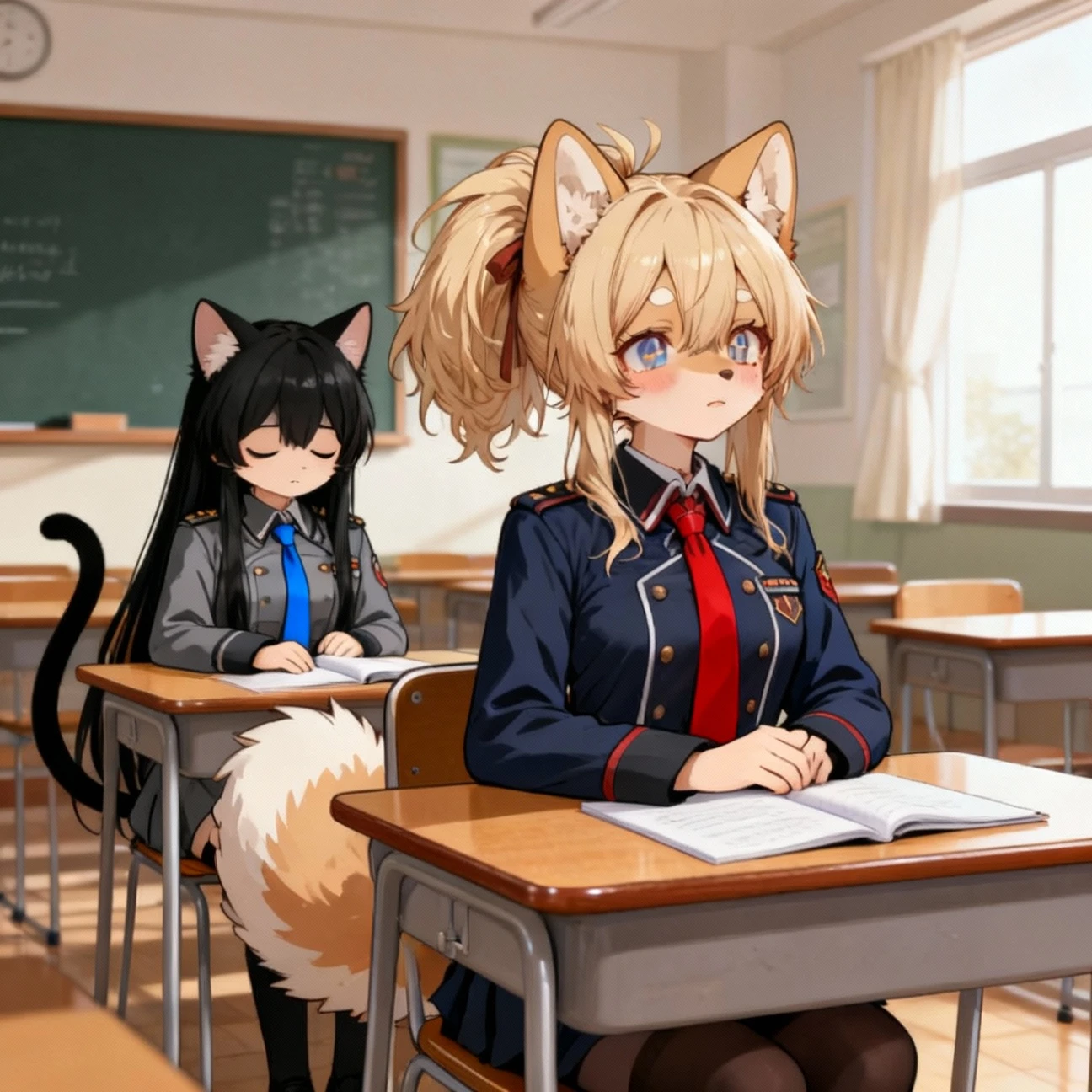 high school girl、Dressed in high 、School classroom、()、((独奏))、alone、smirk,Cheek resting on hand、Crossing legs