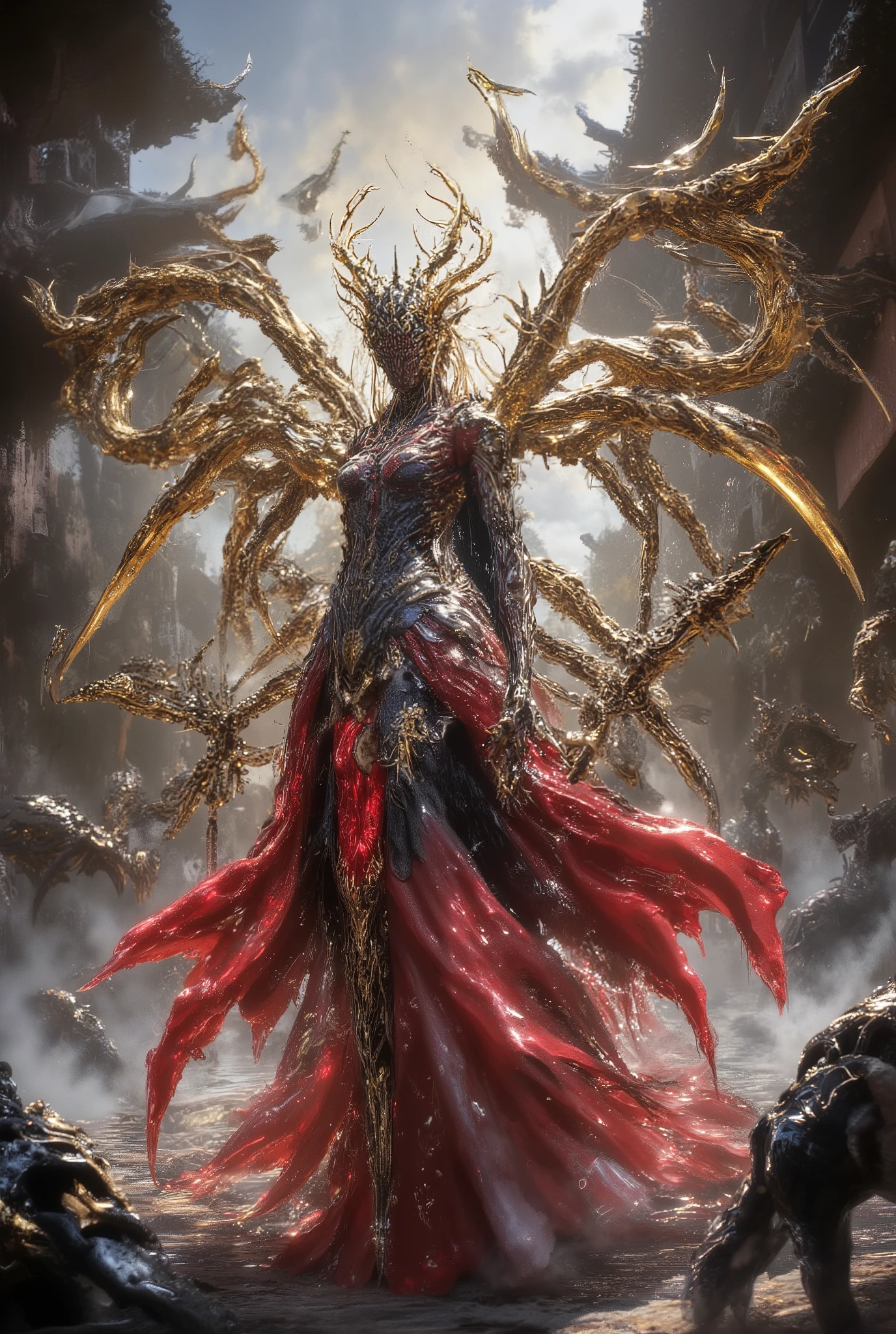 Strange creature half strawberry jelly half woman insect crazy God,  with gold and black armor , holding an ancient mystical weapon, in a sunny outdoor castle,  monsters walking around . Ratio 2 :3,