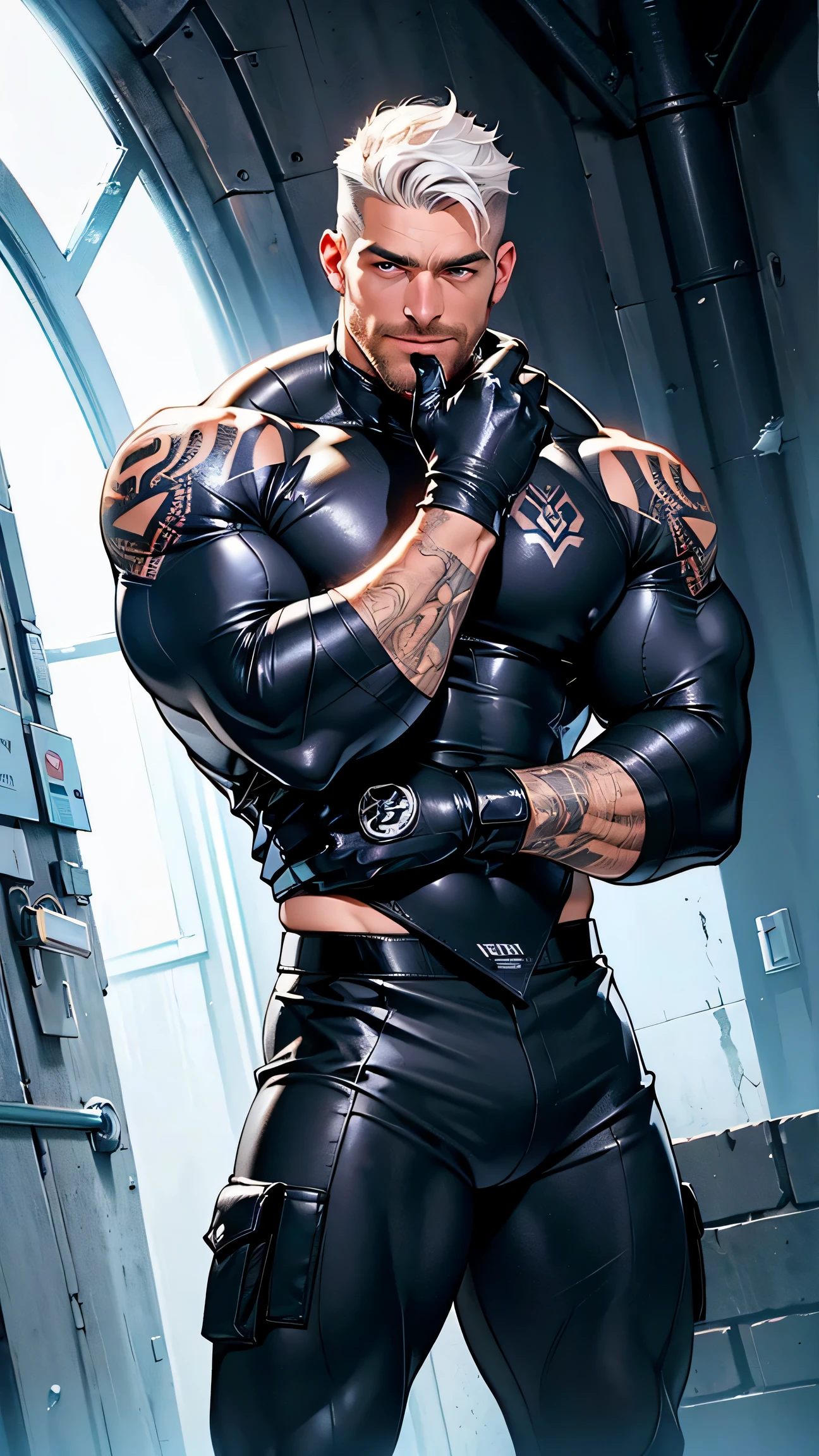 barret, dark skin male with gun arm and tattoo, sunglasses,  , (( Mini  that doesn't completely cover the  )) , full body , black boots 