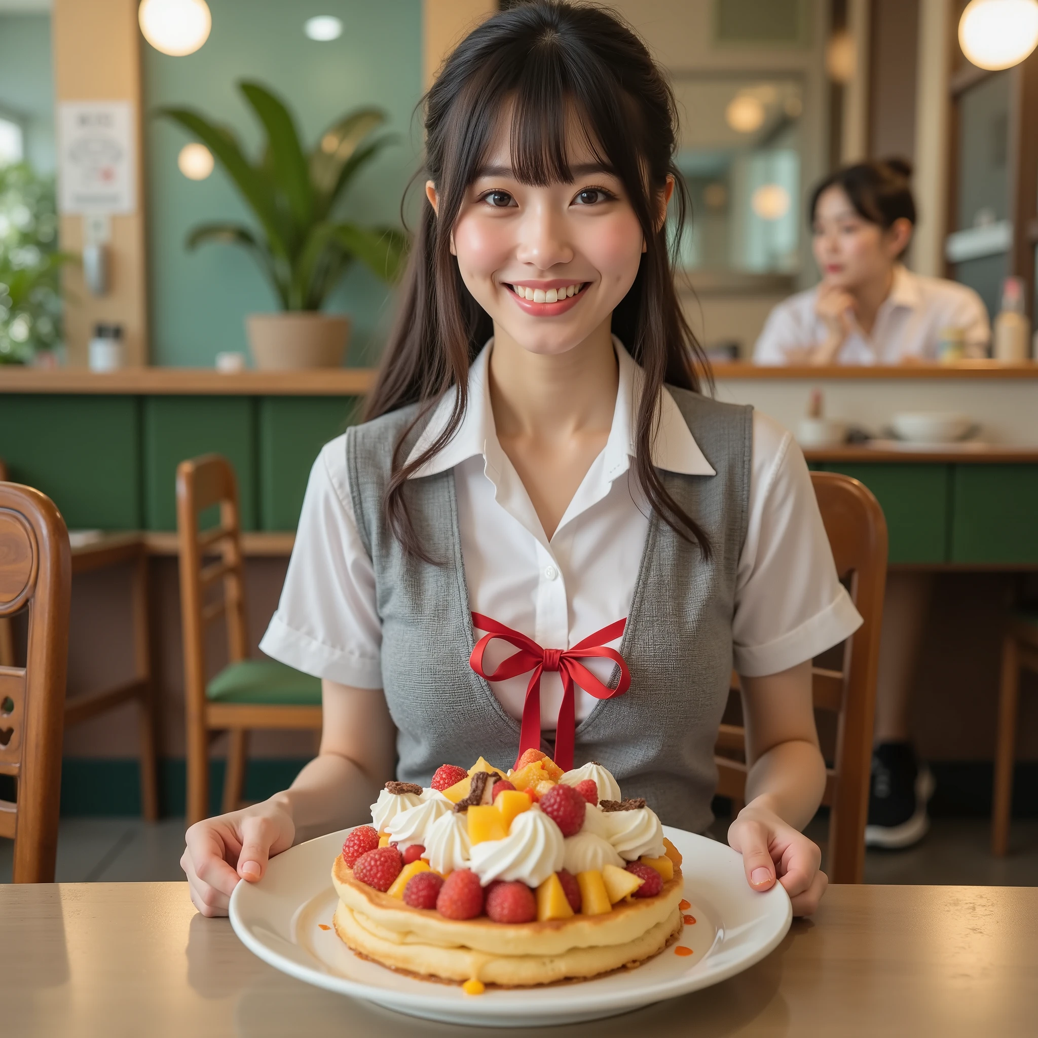 Portray a person with a cute hairstyle , sporting a sweet smile, while enjoying a meat bun, all depicted in the style of Japanese photography with hyper-realistic portraits. Dress the individual as a cheerleader and incorporate instruments typically used in an orchestra. Utilize a local cityscape as the background and experiment with shades and out-of-focus elements using an instant camera