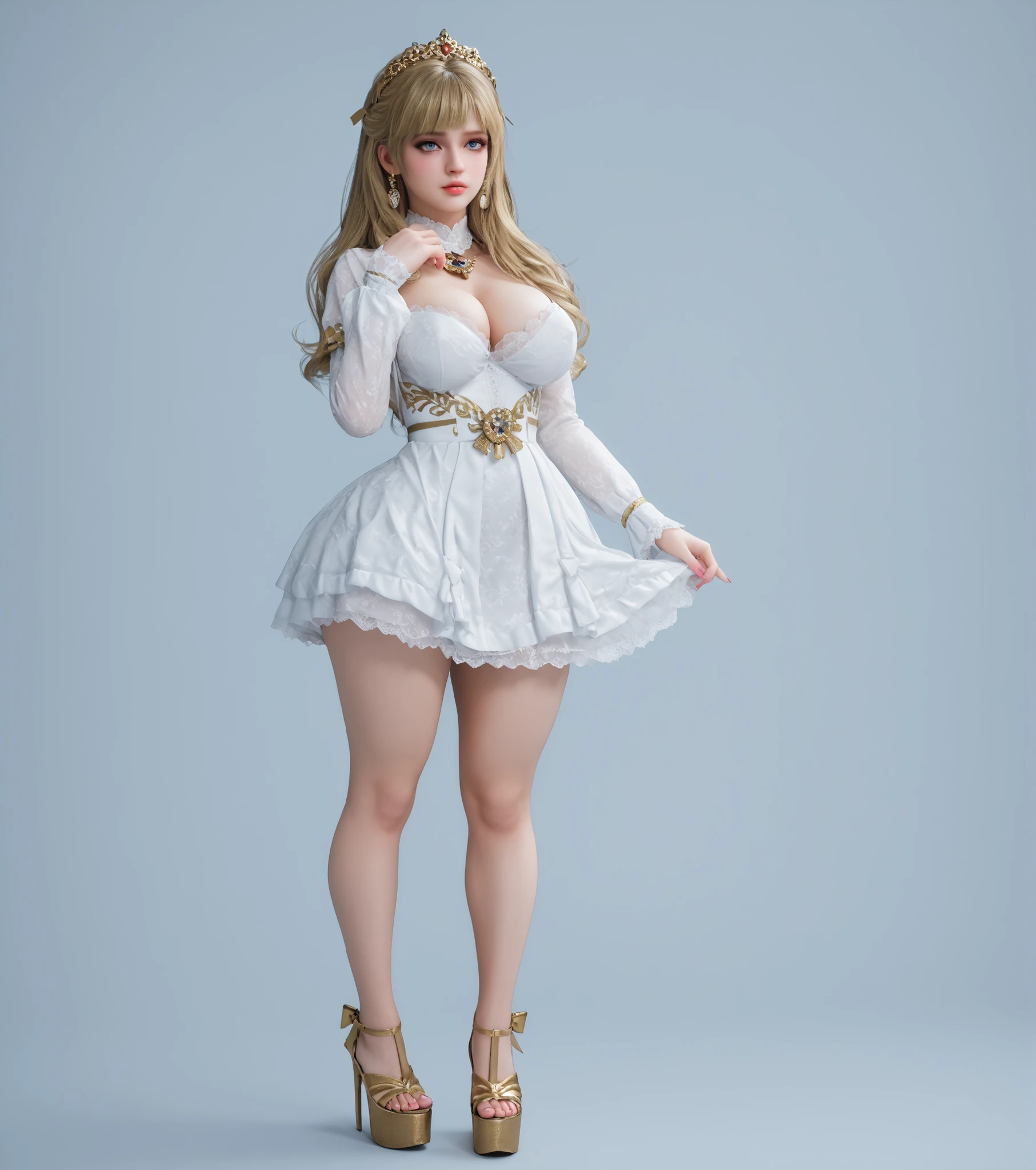 sxy5tyle,score_9,, score_8_up,, score_7_up,,ultra detailed, , cinematic,, photorealistic,,RSGRL, ,russian woman, solo, Beautiful 18th-century woman. Blonde hair: Soft waves, half-up in an aristocratic style. Loose, flowing waves. Only the top section swept back with a gold or pearl brooch. Blue eyes. Clothing: Luxurious and provocative Polonaise dress color Blood red with gold embroidery. Skirt gathered at three points, creating curves and revealing silk or lace undergarments. Fitted bodice, lifting the bust without exaggeration, emphasizing a noble figure. Three-quarter sleeves with cascades of white lace. Deep but elegant sweetheart neckline. Ribbons, bows, and fabric flowers as decoration. High platform sandals in blood red with gold embroidery. curvy Body, Thick thighs, wide hips, big breasts, pink nails, pink lips. lustful gaze.