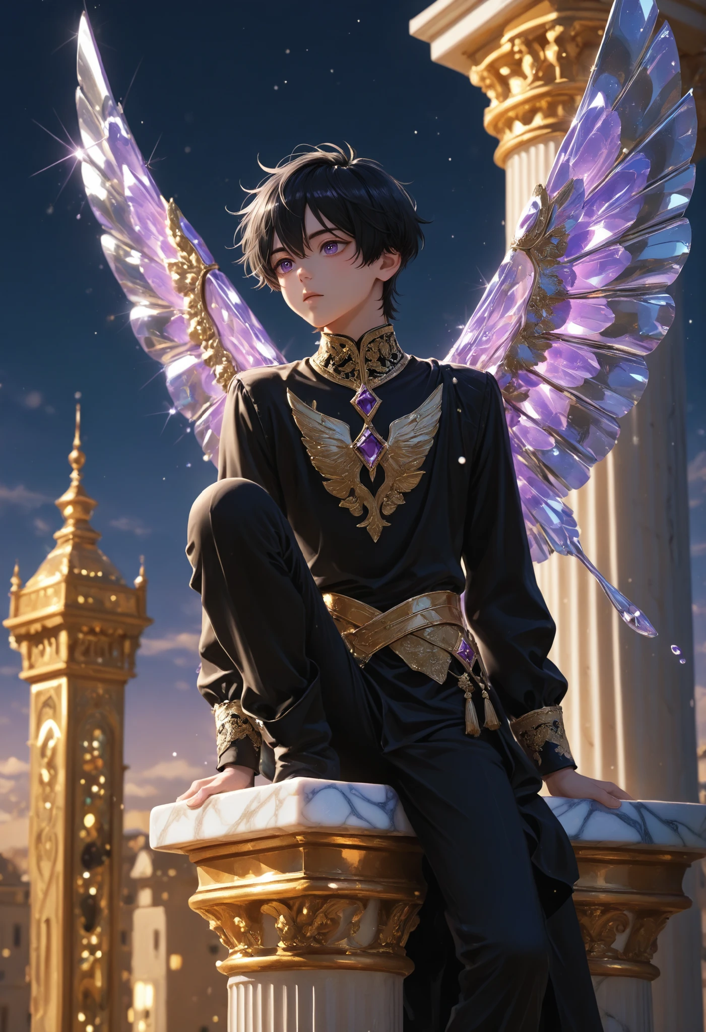 a young man with black hair, with amethyst eyes, with metallic wings lila, dressed in black and gold tunics, Prince clothes , perched on a marble column, on the balcony atop a marble tower and gold details