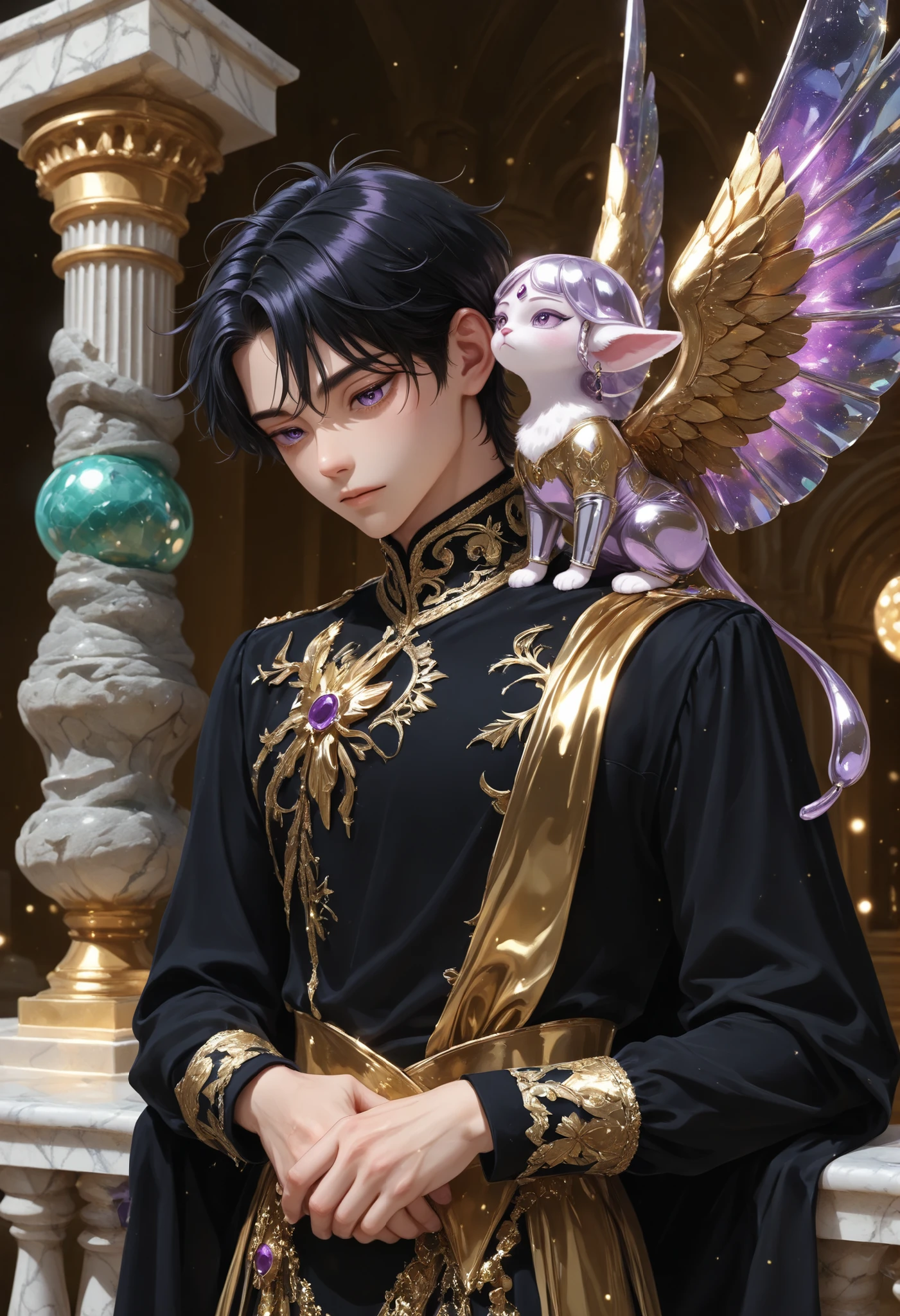 a young man with black hair, with amethyst eyes, with metallic wings lila, dressed in black and gold tunics, Prince clothes , perched on a marble column, on the balcony atop a marble tower and gold details
