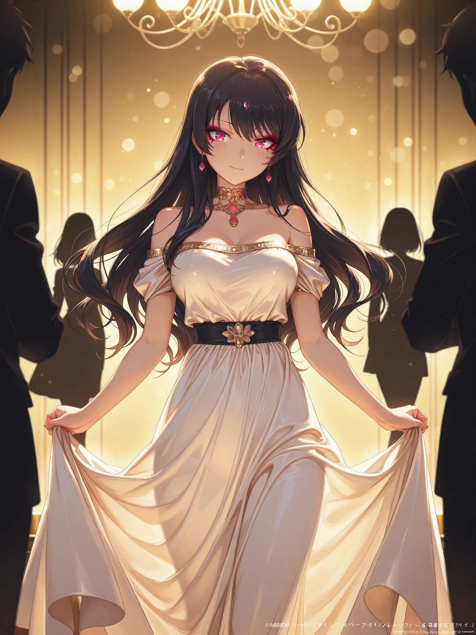 ((Highest quality)), ((masterpiece)), (detailed), （Perfect Face）、The woman is Princess Leona, with long light brown hair, and is wearing a lavishly jeweled,  black wedding dress and a black wedding veil, the epitome of an evil bride.、In a luxurious church wedding hall, a woman is getting married, embracing the arm of a dignified and powerful middle-aged evil emperor dressed in a luxurious black outfit.、The woman has long hair