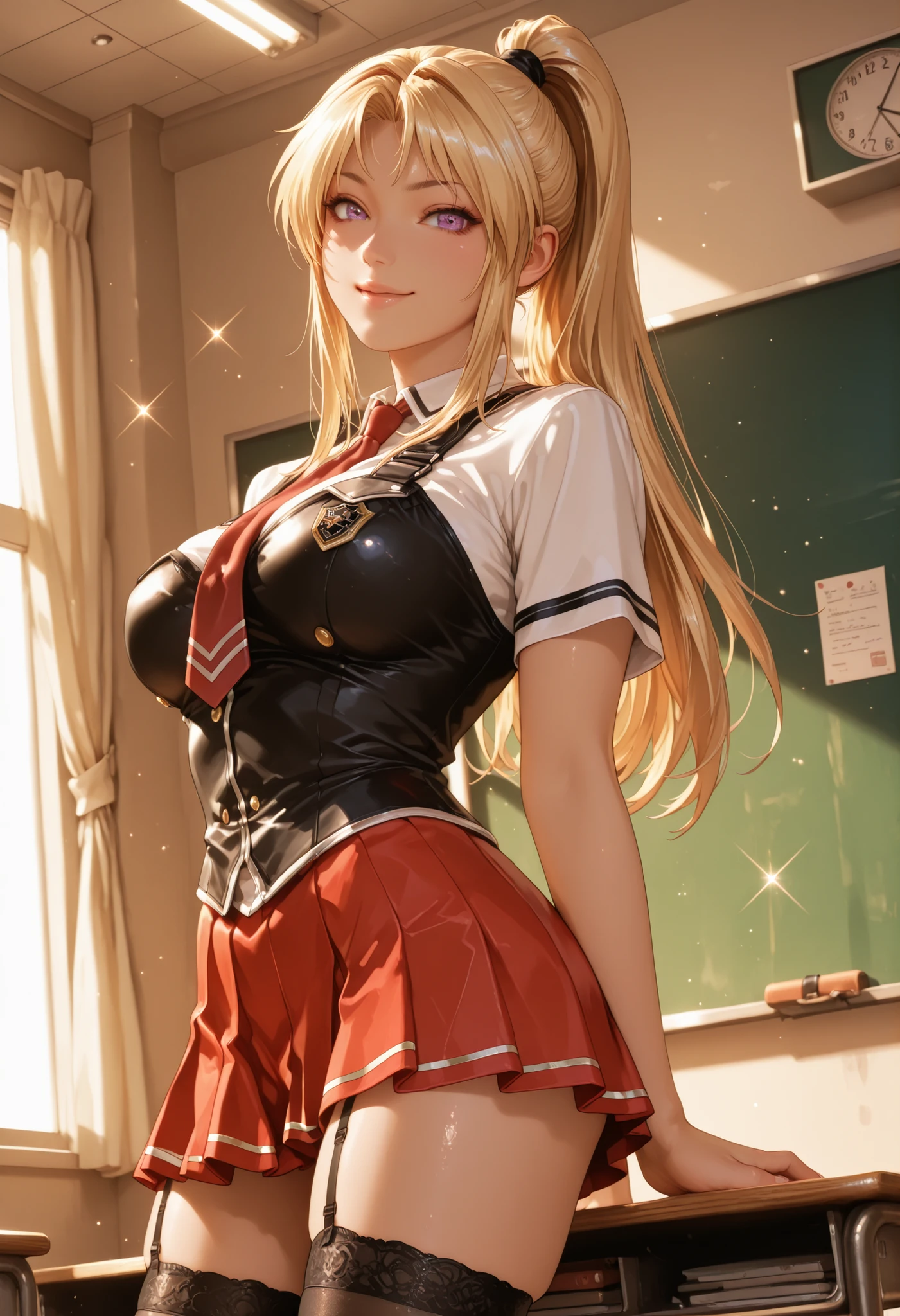 Masterpiece, Best Quality, high resolution, 1 girl Kaori Saeki, school uniform, black tank top, black vest, red tie, red skirt, black thigh-high stockings, standing, classroom, cowboy shot, (smug: 0.3), looking at viewer, focus only, mischievous smile, sensual pose, attractive, Dutch angle, Hyper-realistic rendering, ultra-sharp details, photorealistic masterpiece, HDR, 8k , ,(((anime art style))),hyper-detailed, (best quality:1.3), glitter sparkles, , beautiful eyes, detailed eyes, 8k