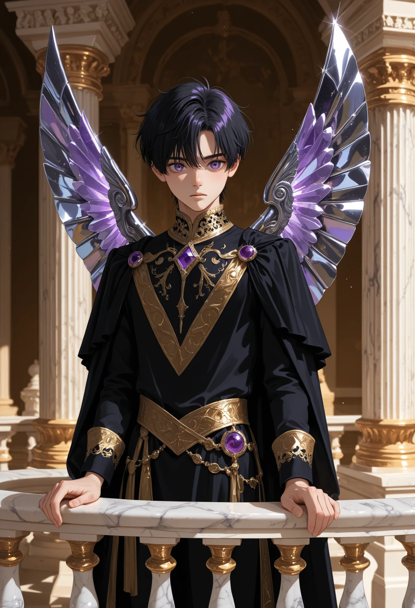 A young man with black hair, with amethyst eyes, with metallic wings lila, dressed in black and gold tunics, Prince clothes , supported by a marble column, on the balcony atop a marble tower and gold details