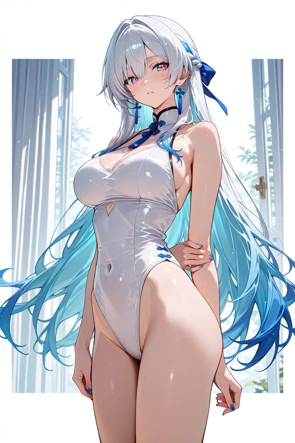 Super Idol　a beauty girl　A charming smile　sky blue hair　length hair　Facing straight ahead　Twin-tailed　Glittering white leotard costume　Mystical　Fantasia　constellation　a moon　Crystal Brilliance　Aurora Borealis in the Night Sky