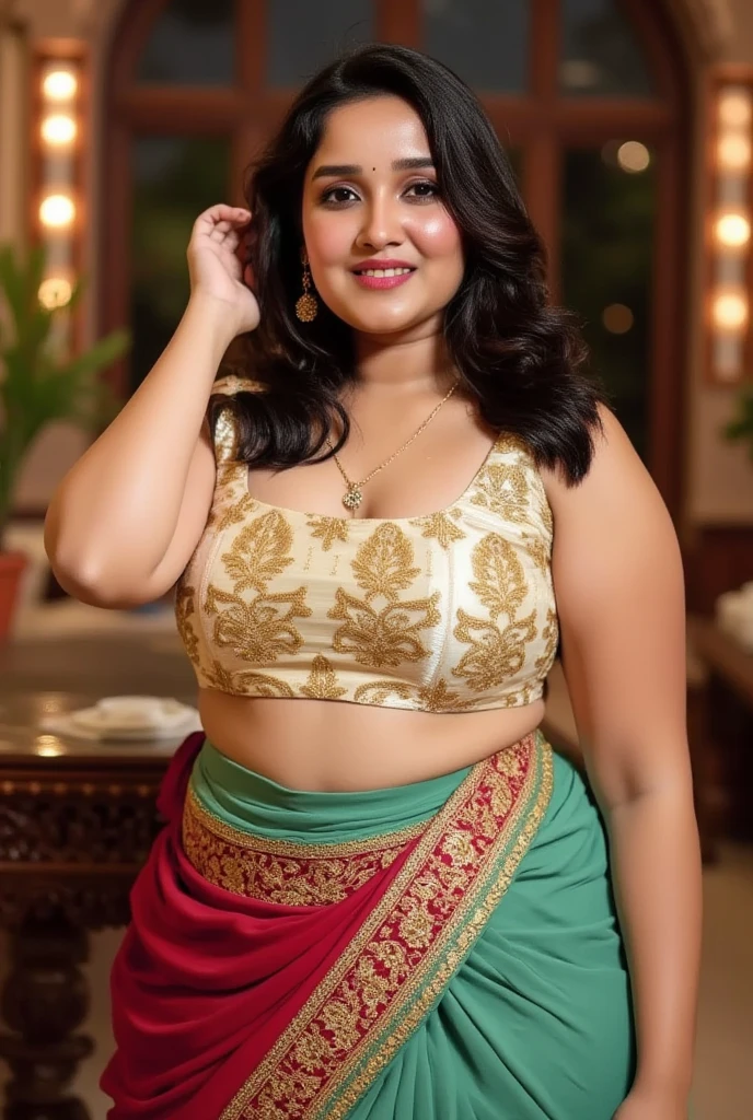 Samantha Ruth Prabhu south Indian beautiful woman sexy curvy plus size model wearing different random color skin tight Bollywood Blush Banarasi Dress, eye contact camera view, different style standing position, curvy plus size big hour glass bulky huge figure, big m-cup bulky huge breasts, different style hairstyle, bright eyes, thin eyebrows, fair skin, blushing cheeks, prefect head to thigh close up view, Eden Seraphim Gardens background and location, Dreamcatcher Delight Embroidery, ultra realistic skin texture, head to thigh close up view, smile face, shadow lighting effect