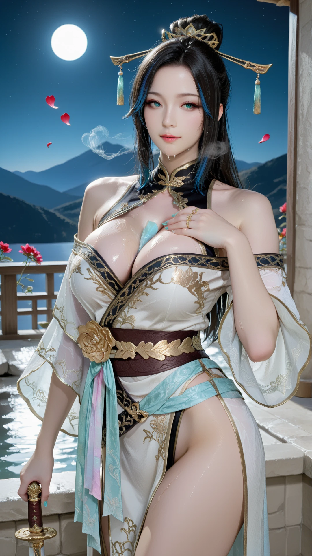 tmasterpiece， Best picture quality， high high quality， Beautiful woman， jpn， Popular Korean makeup， A detailed， Swollen eyes， Detailed eyes， Detailed skin， Beautiful skin， 超A high resolution， （Realistis： 1.4）， Very beautiful， Slightly younger face， Beautiful skin， Slim， （Ultra photo realsisim）， （illustratio）， （A high resolution）， （8K）， （The is very detailed） （Most Best Illustration）， （Beautiful detailed eyes）， （ultra-detailliert）， （the wallpaper）， （Detailed face）， looking at viewert， finely detailled， Detailed face，pureerosfaceace_V1，Smiled，Staring straight ahead，Staring straight ahead，From the angle of waist up，photograph of-realistic，Bright lights，profesional lighting，Brunette hair（some of hair part green），long whitr hair，Dark ruins，Big Red Moon，Mature woman，Long fashion bangs，