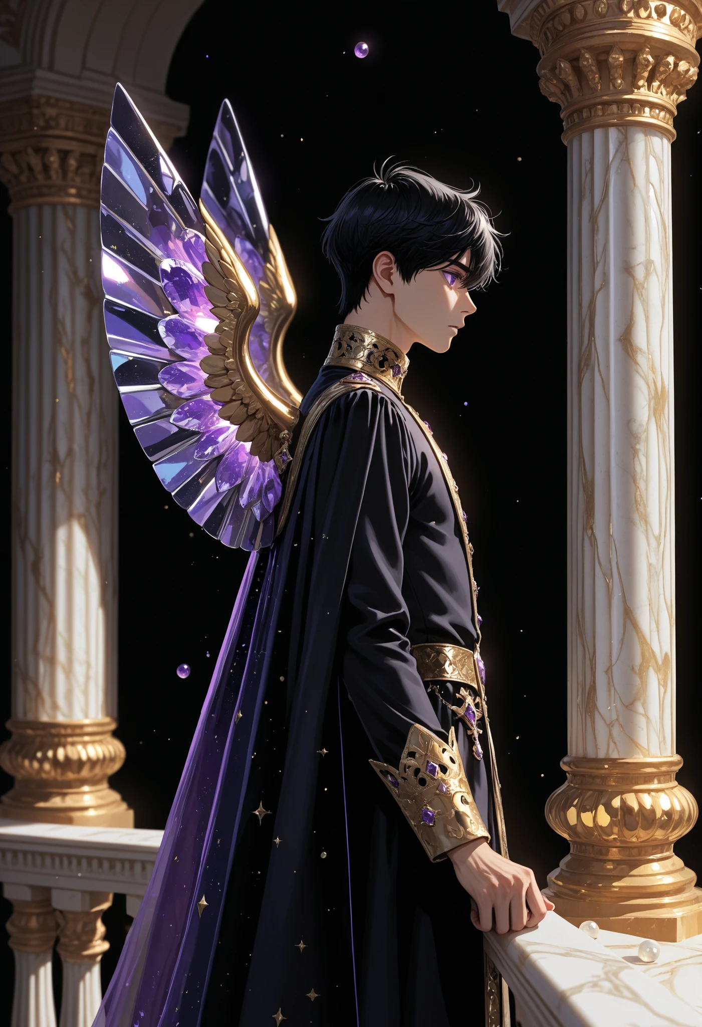 Profile view of a young man with black hair, with amethyst eyes, with metallic wings lila, dressed in black and gold tunics, Prince clothes , supported by a marble column, on the balcony atop a marble tower and gold details