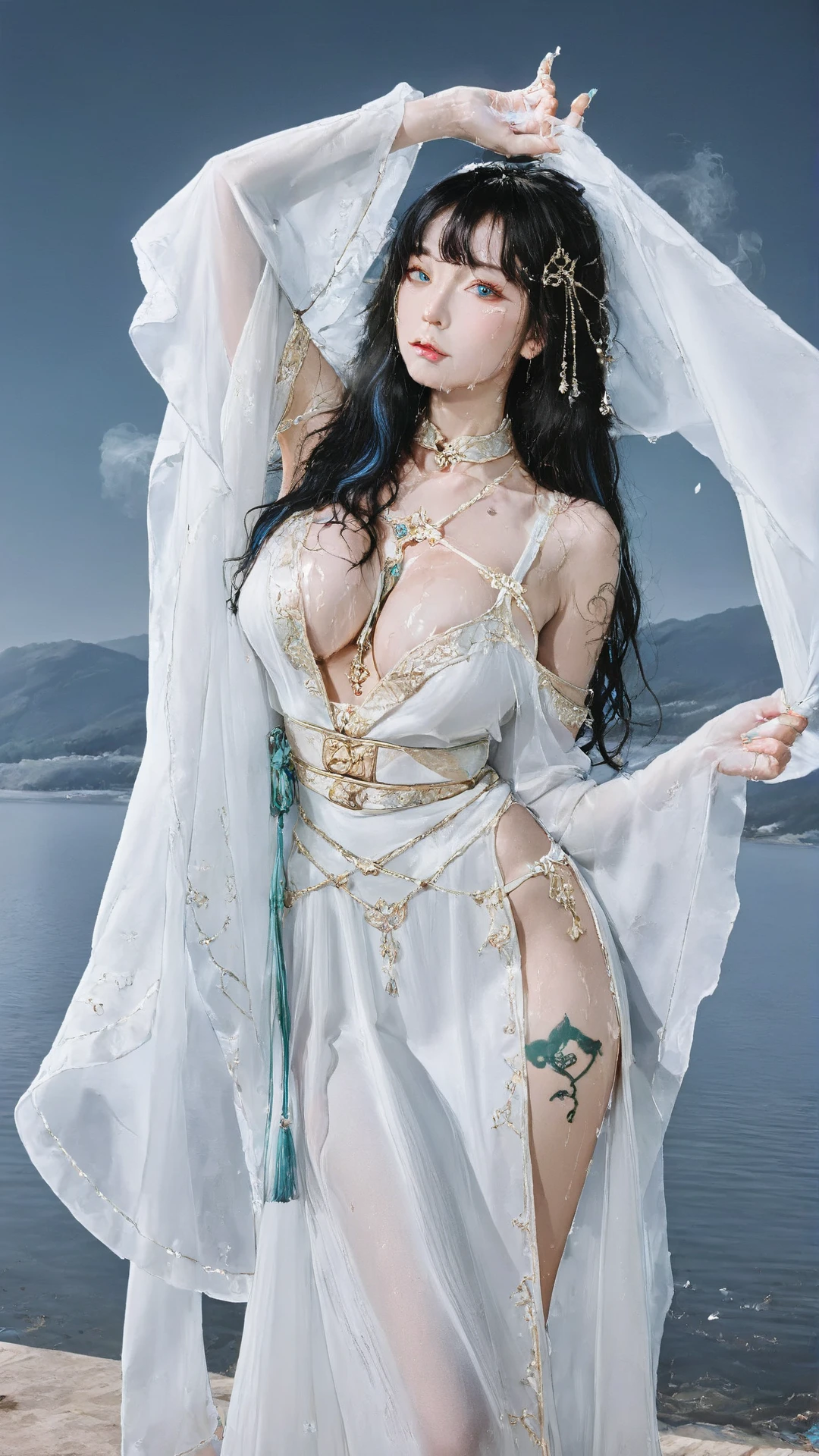 best quality,masterpiece,extremely Detailed details,high resolution,8k,intricate details,realistic,photorealistic,dramatic lighting, 1girl,dunhuang_clothes,dunhuang_dress,small ???????,partially hidden by the clothing,(see-through:1.3),Through a thin veil,glimpses of ??????? are visible,creating an alluring and suggestive effect,reveals glimpses of her skin and the contours of her ?????, cowboy shot,dancing,