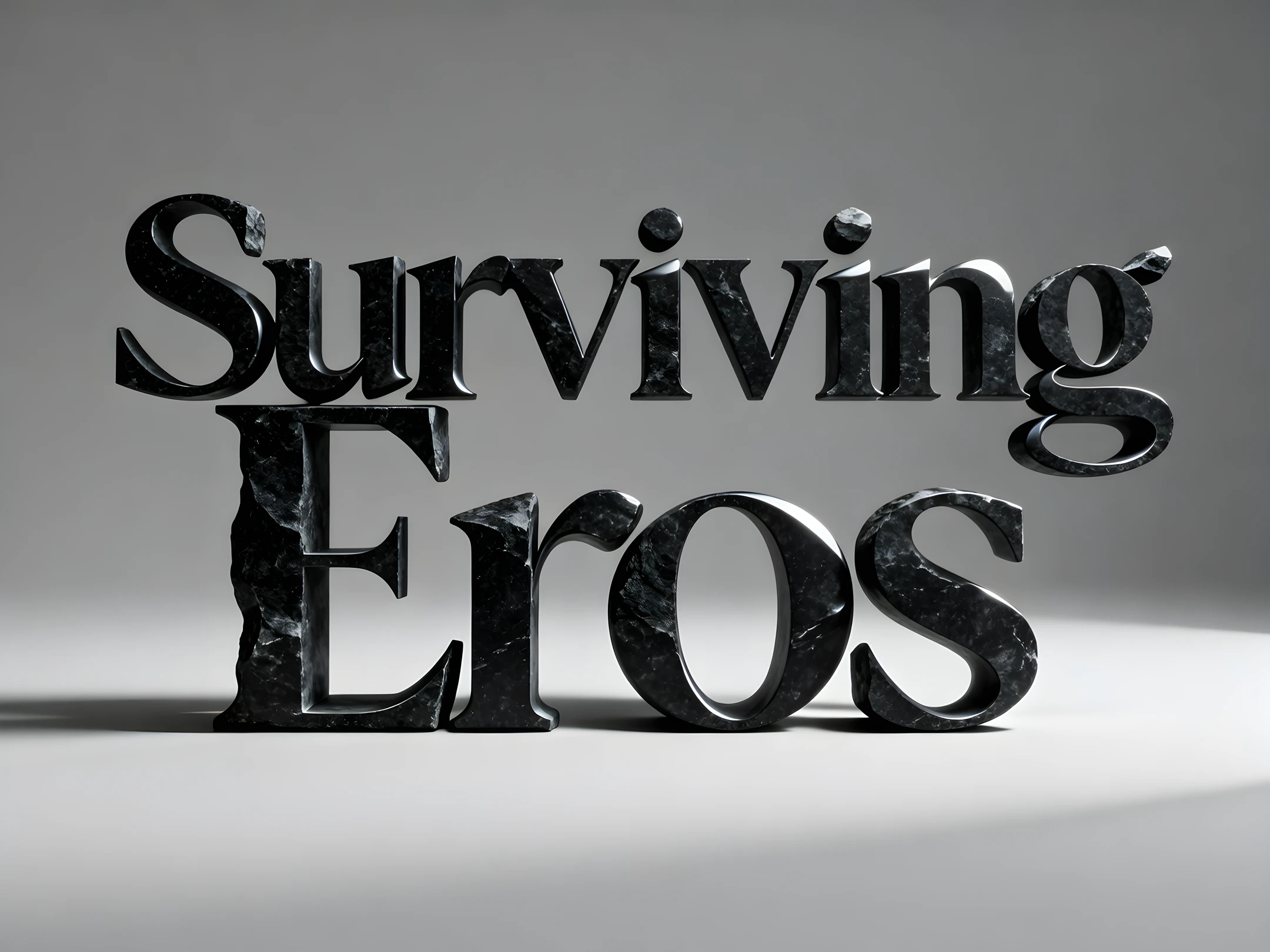 “Plain background. 3D. Title text ‘Surviving Eros’ in elegant tall serif typography with sensual feminine-styled letterforms. black stone with matte texture. Minimal, refined modern aesthetic. High contrast, cinematic lighting, no clutter, no extra graphics, clean edges, centered composition.”