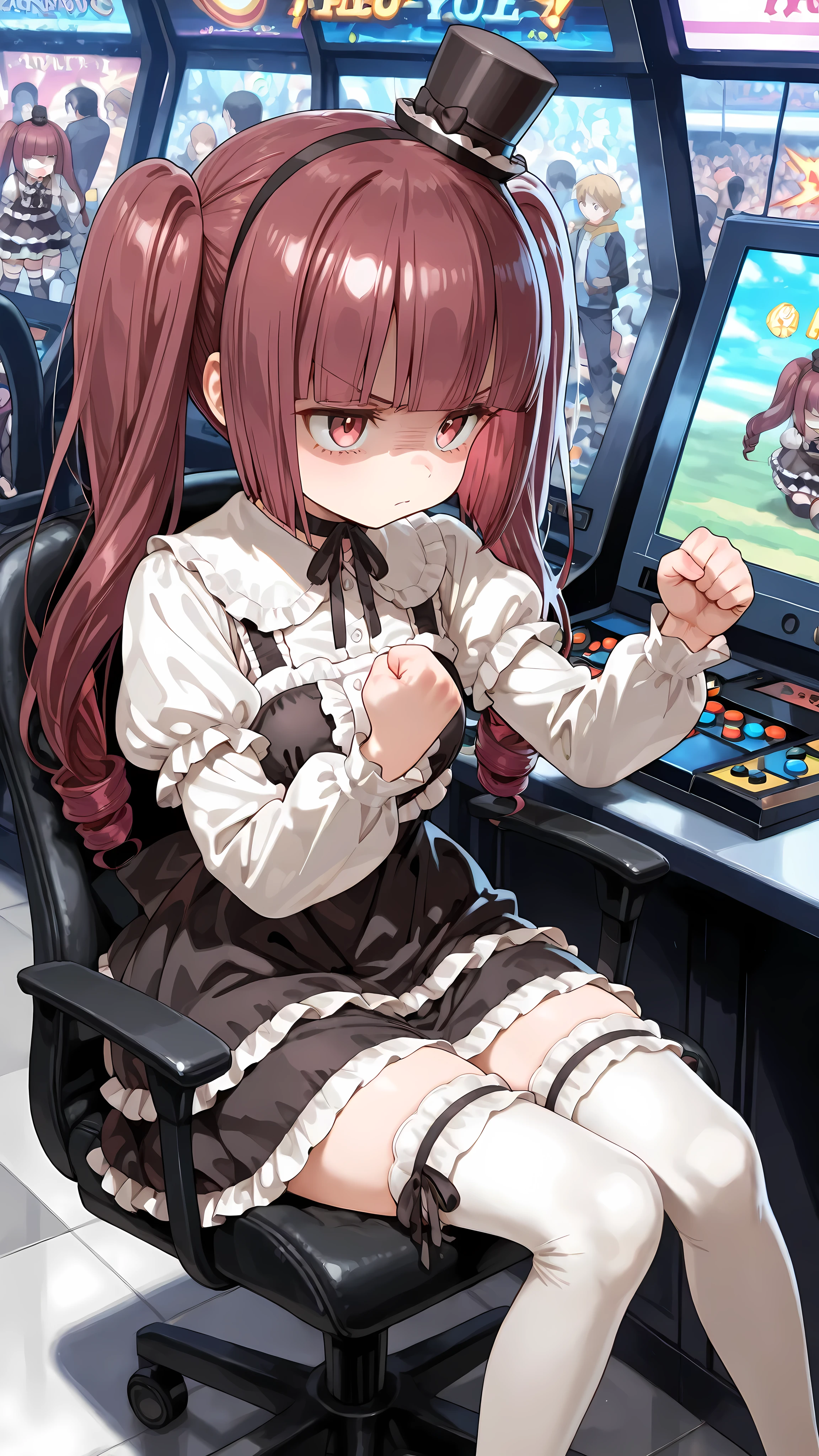 Hanazono Yurine, arcade、white stockings, Zettai Ryouiki. Sit on a chair and play on the arcade、Female Gamer Who Explodes in Anger, playing videogames, Crowd watching in front of a fighting game console, The Moment You Hit the Case with Your Fist、Punch the case、