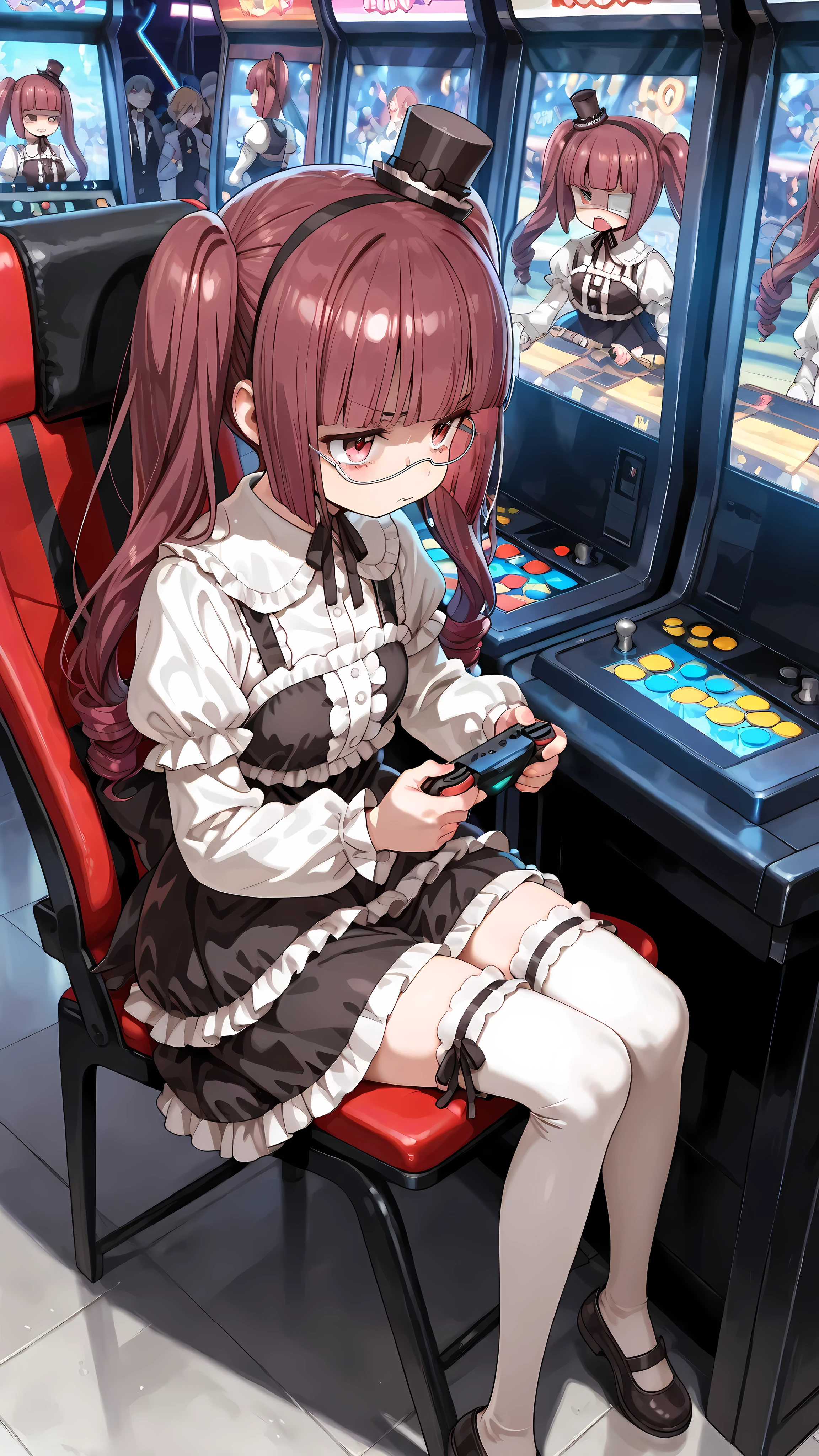 Hanazono Yurine, arcade、white stockings, Zettai Ryouiki. Sit on a chair and play on the arcade、Female Gamer Who Explodes in Anger,  playing videogames, Crowd watching in front of a fighting game console, The Moment You Hit the Case with Your Fist、Punch the case、