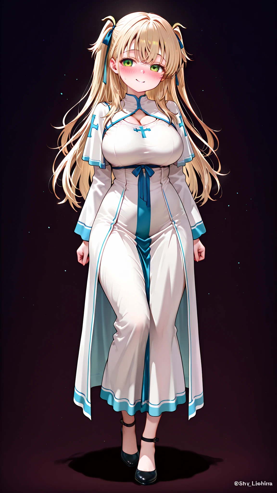 ,kashiwazakikana,,(dark background:1.4),),style_name,(detailed face,detailed body,detailed eyes:1.1), ,blonde hair,long hair, large breasts,(curvy:1.2),(High Resolution),(More Details), (8K),(two side up),(green eyes),sexy,hair ribbon, blue ribbon,(full body:1.2),standing,(fantasy,Cleric,medium skirt, white dress,blue,),(shy,blush),(shy pose:1.2),smile,