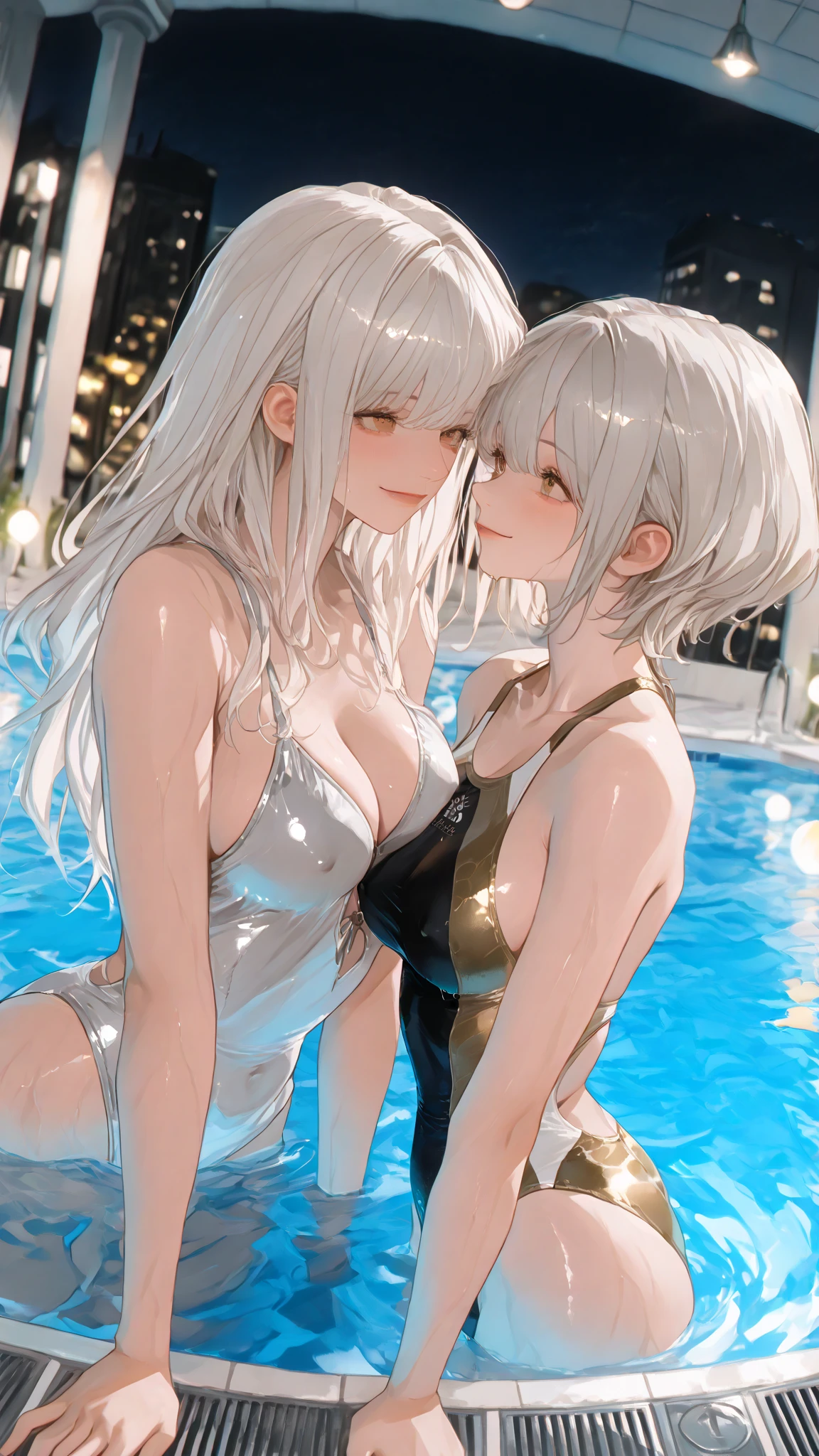 best quality, many details, high definition, swimming pool, 2 girls (elsa and anna) kissing, wet skin, in the water, micro ??????, ?????? pushed to the side, ?????? exposed, ??????? visible, ???????????, in love, ?????, aroused, ??????, night, dark, 