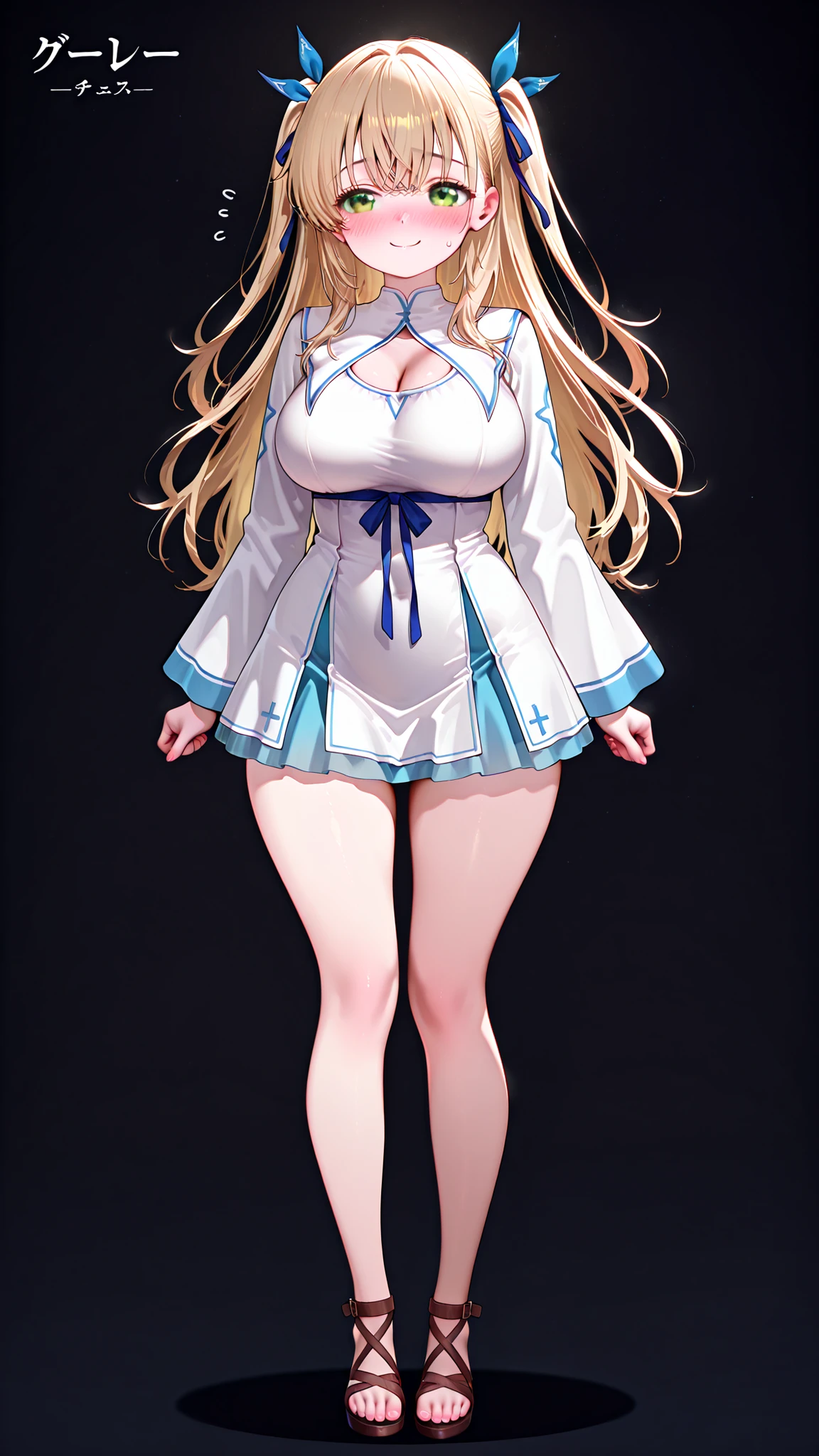 ,kashiwazakikana,,(dark background:1.4),),style_name,(detailed face,detailed body,detailed eyes:1.1), ,blonde hair,long hair, large breasts,(curvy:1.2),(High Resolution),(More Details), (8K),(two side up),(green eyes),sexy,hair ribbon, blue ribbon,(full body:1.2),standing,(fantasy:1.3),(Cleric,short skirt, white dress,blue,),(shy,blush),(shy pose:1.2),smile,feets,