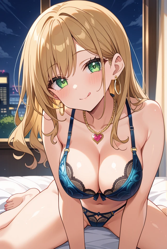 Arisa ichigaya, x hair ornament, twintails, sexy body, , ( ), large breasts, thighs, full shot, smiling, sitting on bed,  pose