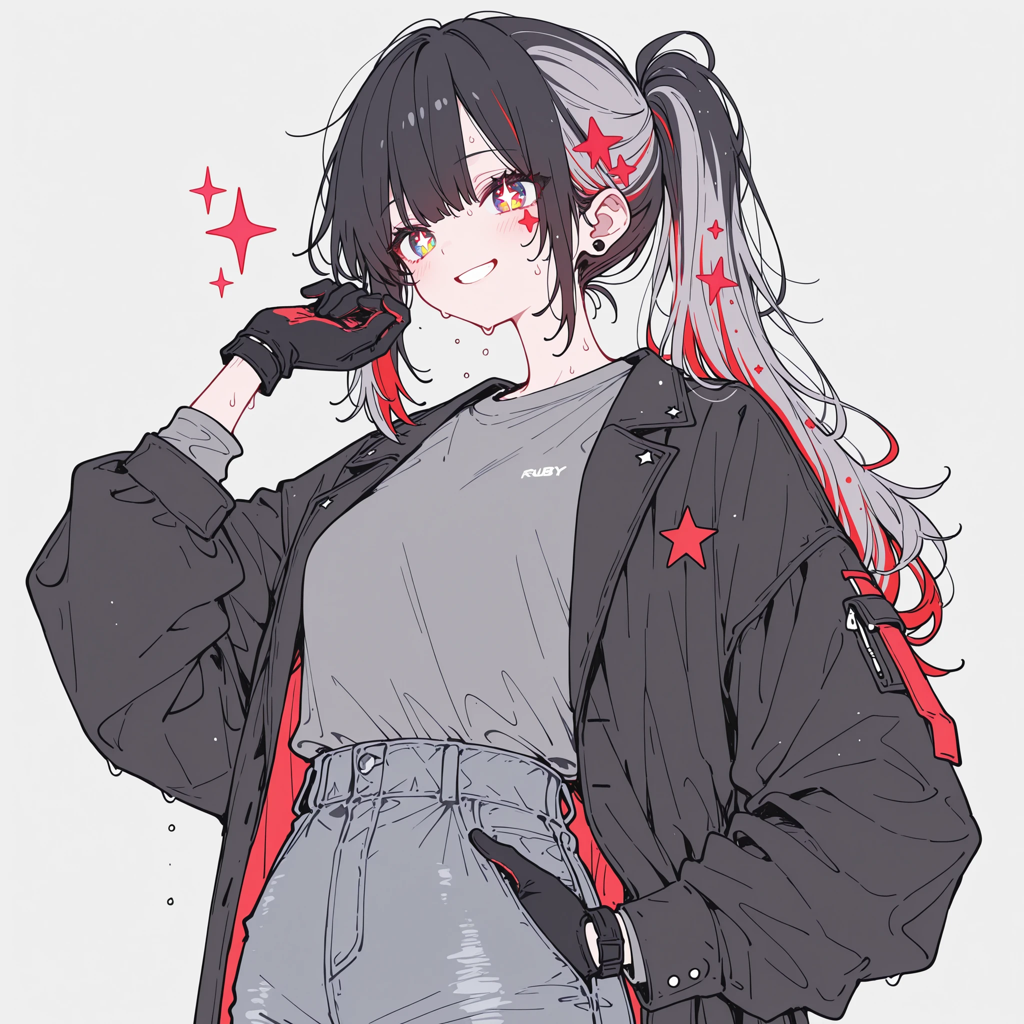 1 girl, black gloves, gray long sleeve sweat shirt, shirt tucked in, gray jeans, long ponytail hairstyle, smiling, small black jacket, Star Pupils, ruby color eyes, black hair highlights, gray hair, red stars in hair