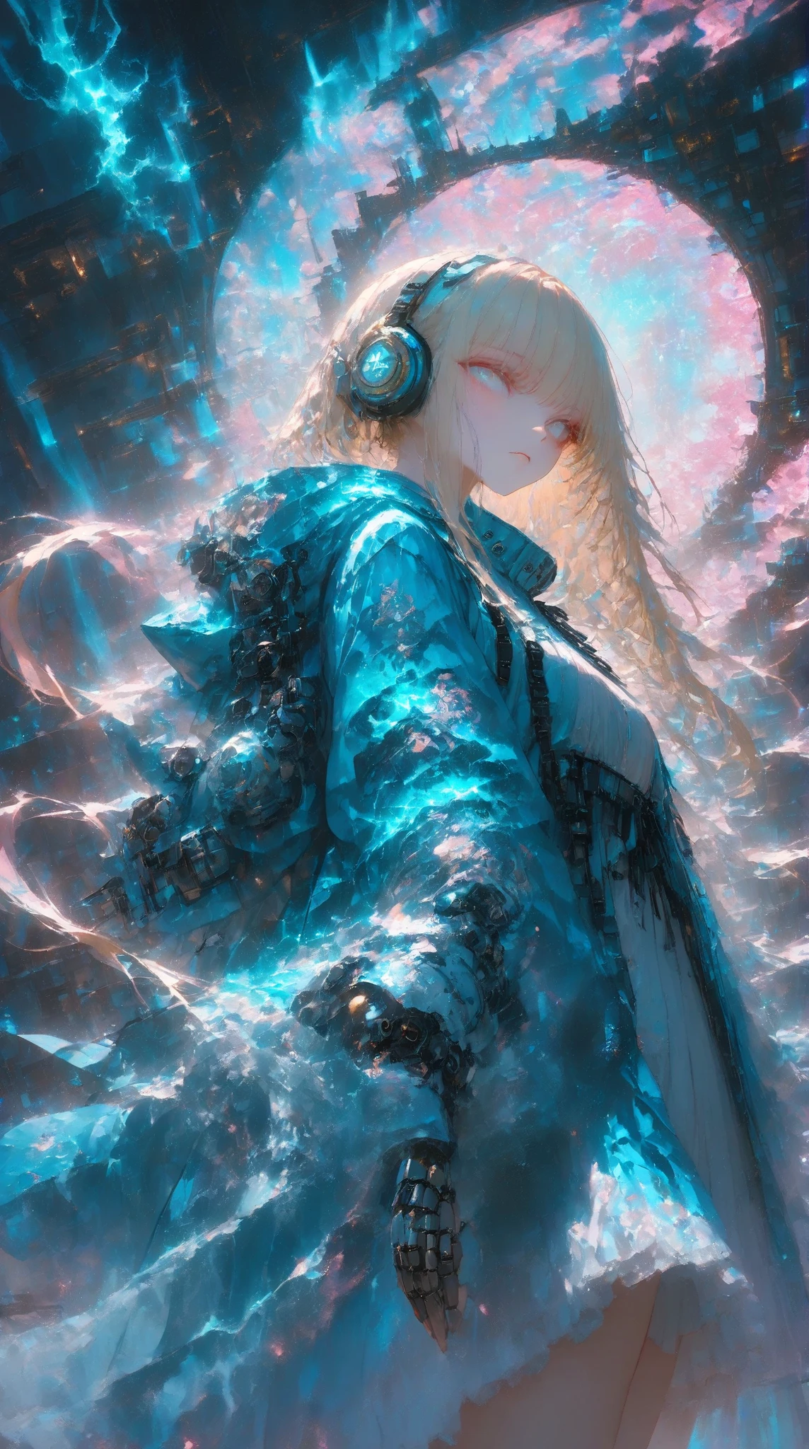 Highly elaborate anime-style illustration of a young blond woman with long hair fluttering, Highly elaborate anime-style illustration of a young blond woman with long hair fluttering, with pink accents and fleur de lis on the shoulders Shiny blue raincoat-like clothing with emblems, standing dynamically from a low angle in an SF lab. Surrounded by swirling cyan energy portals and crackling electric blue lightning bolts, dramatic three-dimensional lighting, cyberpunk atmosphere, Complex line drawing, bright color, A masterpiece by WLOP and Alphonse Mucha.