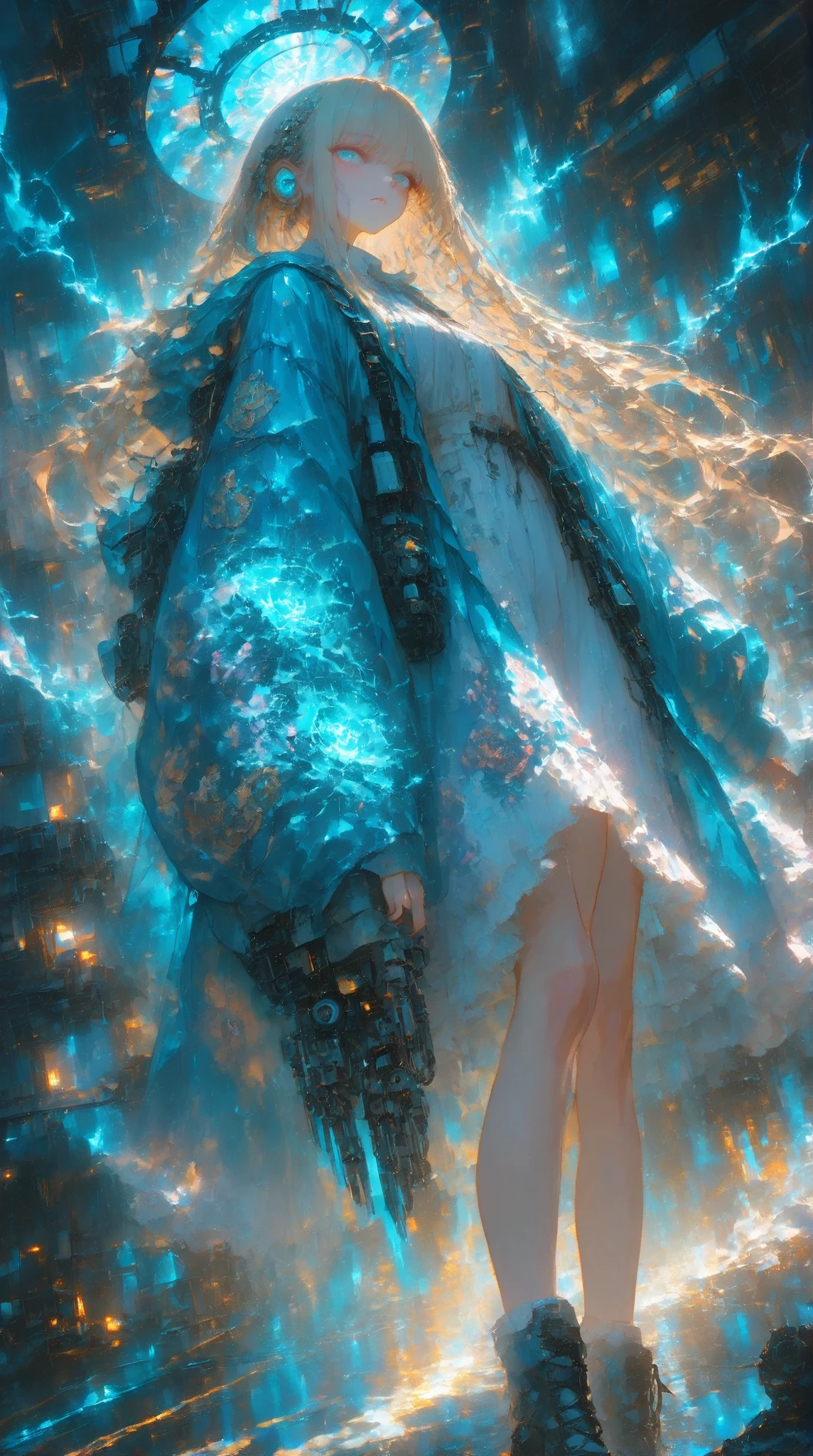 Highly elaborate anime-style illustration of a young blond woman with long hair fluttering, Highly elaborate anime-style illustration of a young blond woman with long hair fluttering, with pink accents and fleur de lis on the shoulders Shiny blue raincoat-like clothing with emblems, standing dynamically from a low angle in an SF lab. Surrounded by swirling cyan energy portals and crackling electric blue lightning bolts, dramatic three-dimensional lighting, cyberpunk atmosphere, Complex line drawing, bright color, A masterpiece by WLOP and Alphonse Mucha.