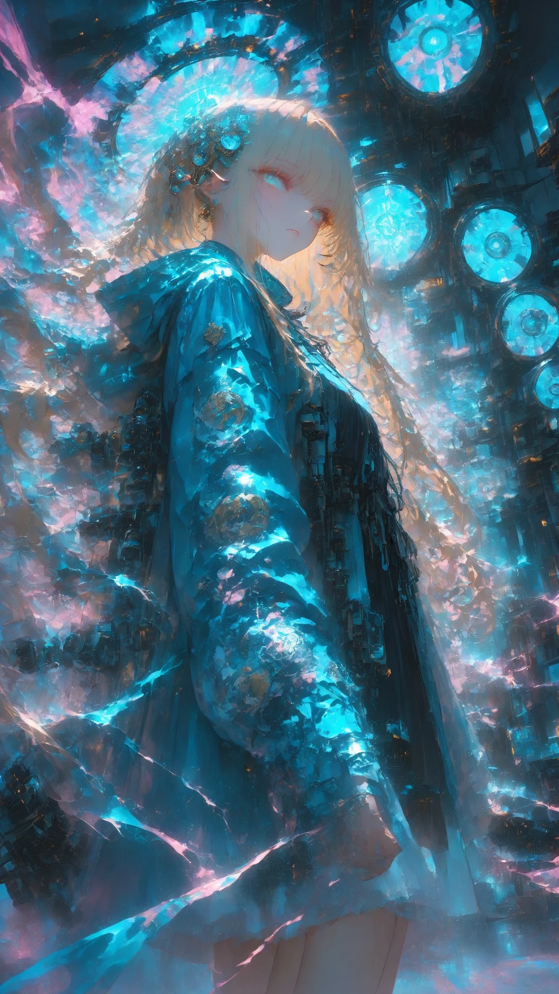 A highly detailed anime-style illustration of a young blonde woman with long flowing hair, wearing futuristic golden headphones with mechanical arms, a glossy blue raincoat-like outfit with pink accents and a fleur-de-lis emblem on the shoulder, standing dynamically from a low angle in a sci-fi lab. She’s surrounded by swirling cyan energy portals and crackling electric blue lightning bolts, dramatic volumetric lighting, cyberpunk atmosphere, intricate linework, vibrant colors, masterpiece by WLOP and Alphonse Mucha.