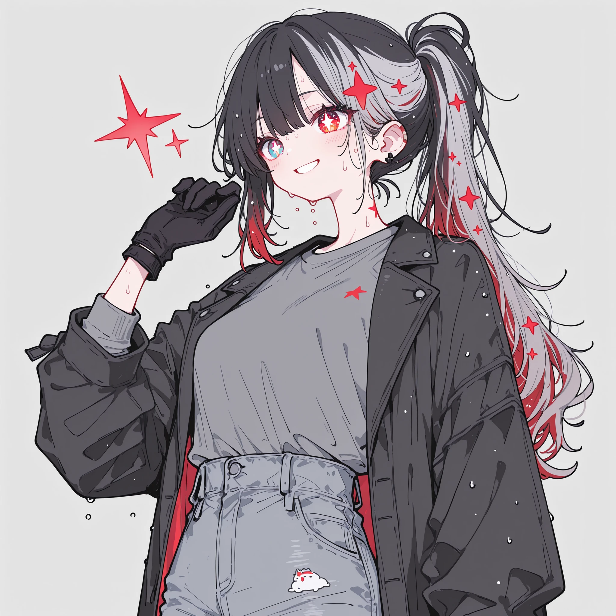 1 girl, black gloves, gray long sleeve sweat shirt, shirt tucked in, gray jeans, long ponytail hairstyle, smiling, small black jacket, Star Pupils, ruby color eyes, black hair highlights, gray hair, red stars in hair