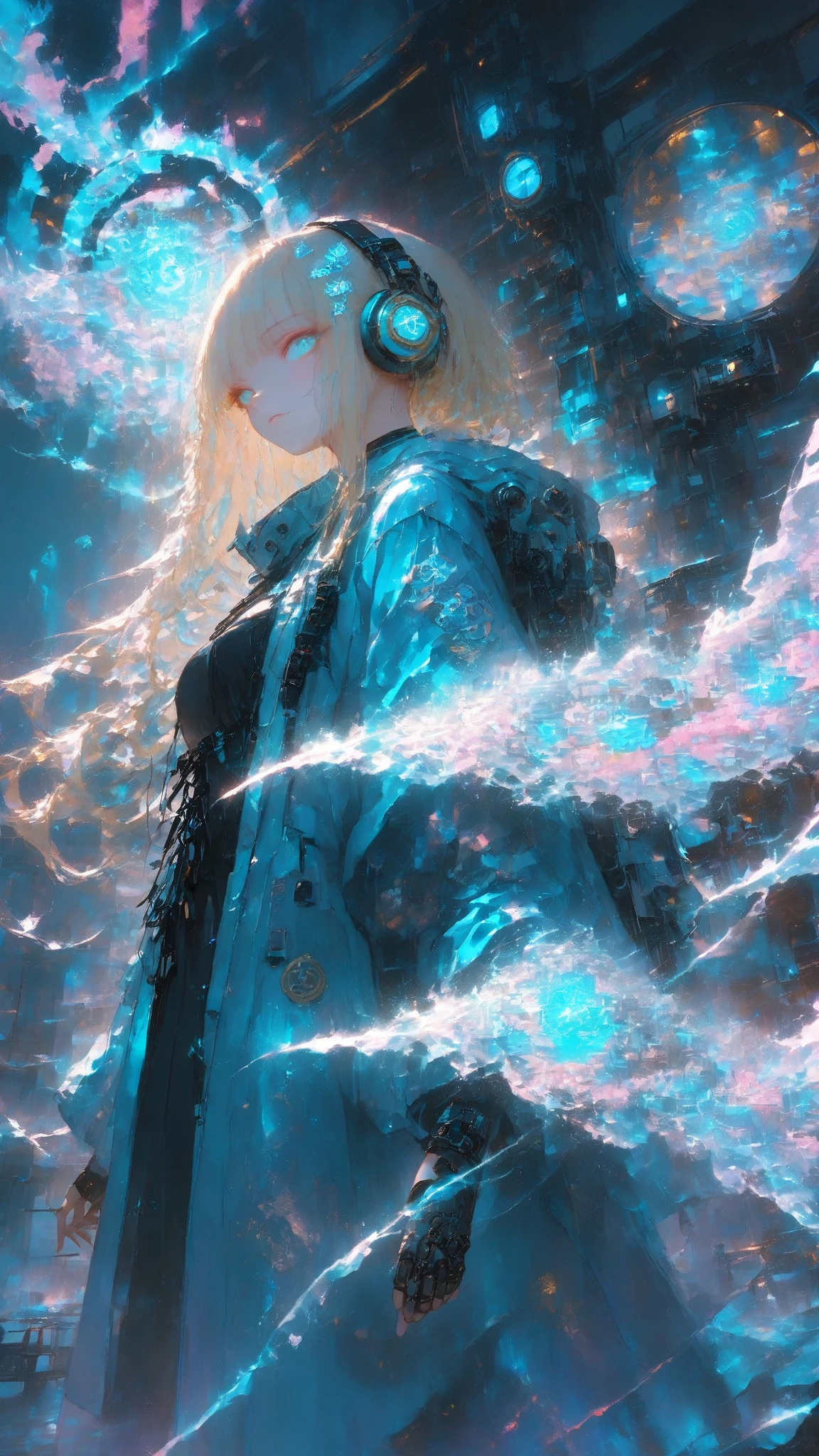 A highly detailed anime-style illustration of a young blonde woman with long flowing hair, wearing futuristic golden headphones with mechanical arms, a glossy blue raincoat-like outfit with pink accents and a fleur-de-lis emblem on the shoulder, standing dynamically from a low angle in a sci-fi lab. She’s surrounded by swirling cyan energy portals and crackling electric blue lightning bolts, dramatic volumetric lighting, cyberpunk atmosphere, intricate linework, vibrant colors, masterpiece by WLOP and Alphonse Mucha.