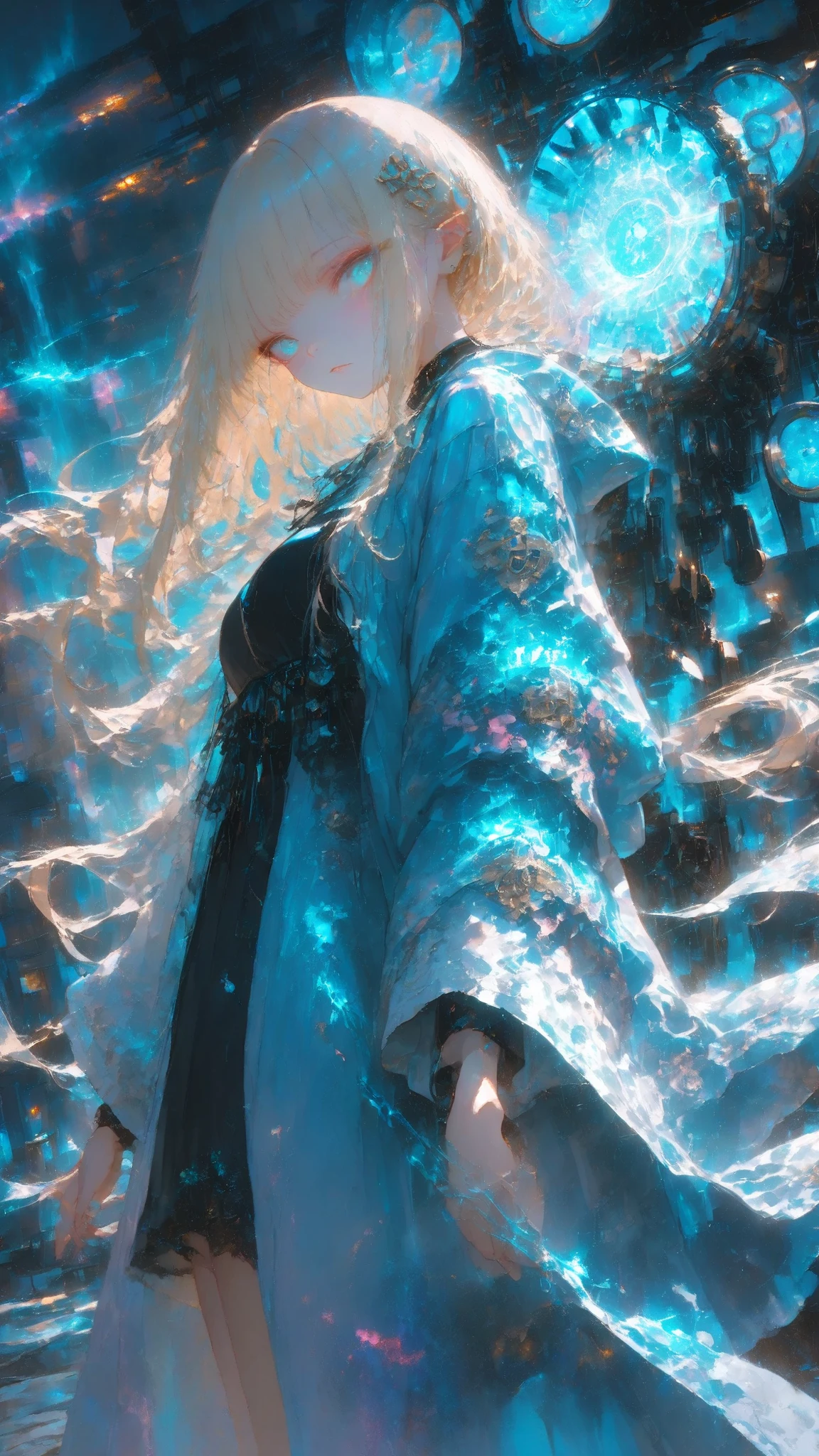 A highly detailed anime-style illustration of a young blonde woman with long flowing hair, wearing futuristic golden headphones with mechanical arms, a glossy blue raincoat-like outfit with pink accents and a fleur-de-lis emblem on the shoulder, standing dynamically from a low angle in a sci-fi lab. She’s surrounded by swirling cyan energy portals and crackling electric blue lightning bolts, dramatic volumetric lighting, cyberpunk atmosphere, intricate linework, vibrant colors, masterpiece by WLOP and Alphonse Mucha.