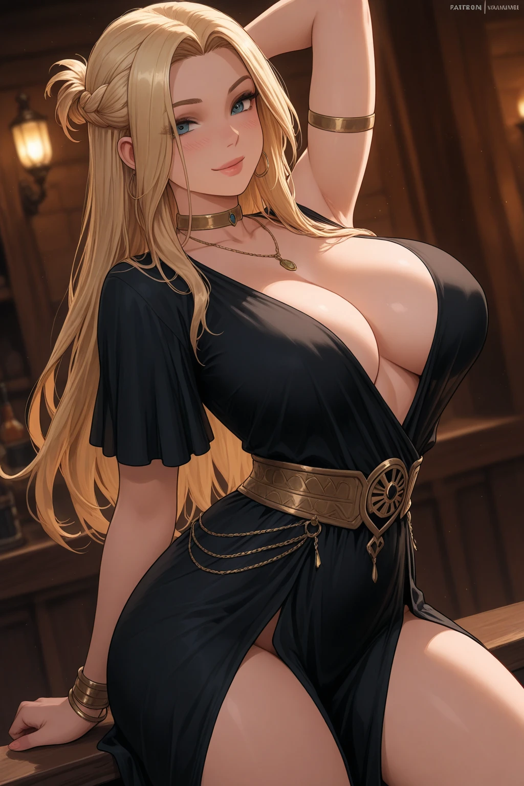 Best quality, 30yo woman, ???????????, blonde long hair, green eyes, ???? thin dark blue robes, sunset, thin fabric, upper body, ????, angelic, flower crown, skimpy,
