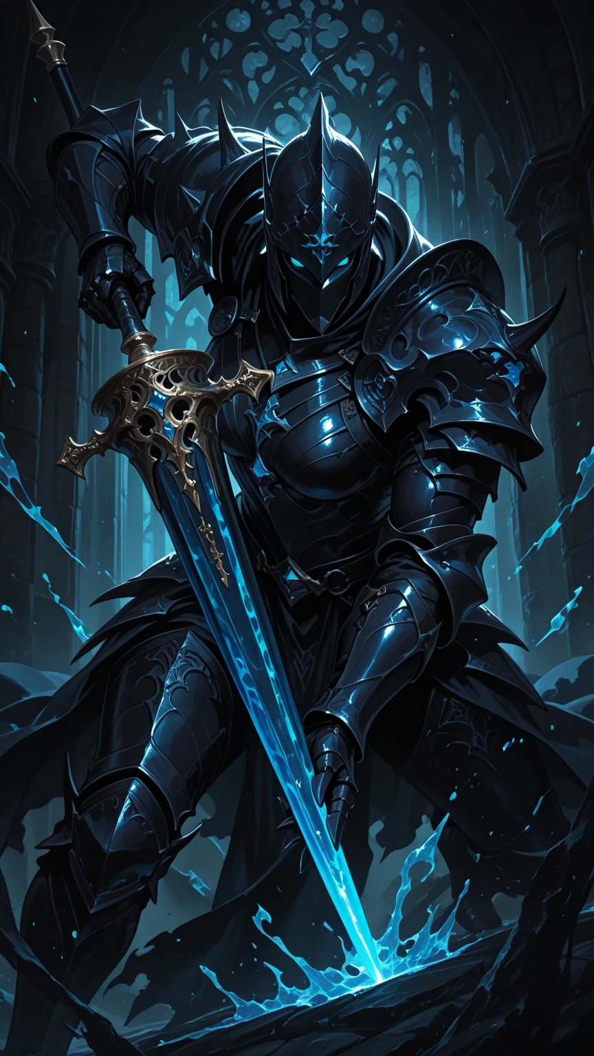 (masterpiece:1.2),(Highest quality),(Very detailedな),(Ultra-high resolution),8K,Vast landscape photography,Dark fantasy,(The Abyss Knight stands),Abyssal Sword,Abyssal Armor,Abyssal Shield,(One person: 1.5),Very detailed,The background is a gradient of black, blue and grey,The very deep darkness,((hands))