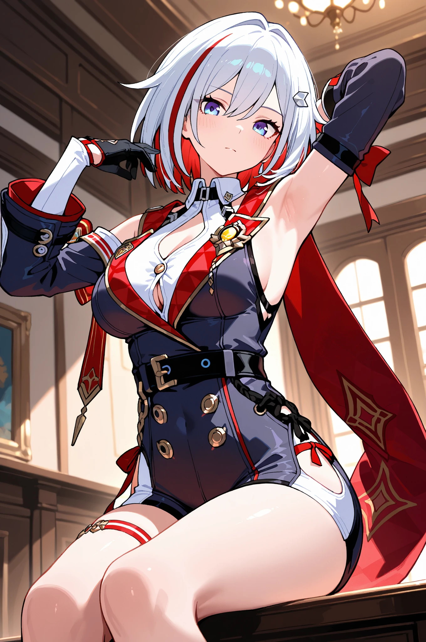 AIZUWAKAMATU,PINK HAIR, SHORT HAIR,HAIR ORNAMENT,PINK JAPANESE CLOTHES,ARMOR, (WHITE PELVIC CURTAIN:1.5),THIGH STRAP,WHITE THIGHHIGHS,KOTE,PENDANT CHOKER,BLACK PELVIC ARMOR,RED BREASTS ARMOR,OBI, 1girl, solo, upper body, large breasts, 5 fingers, detailed face, detailed eyes, detailed hair
