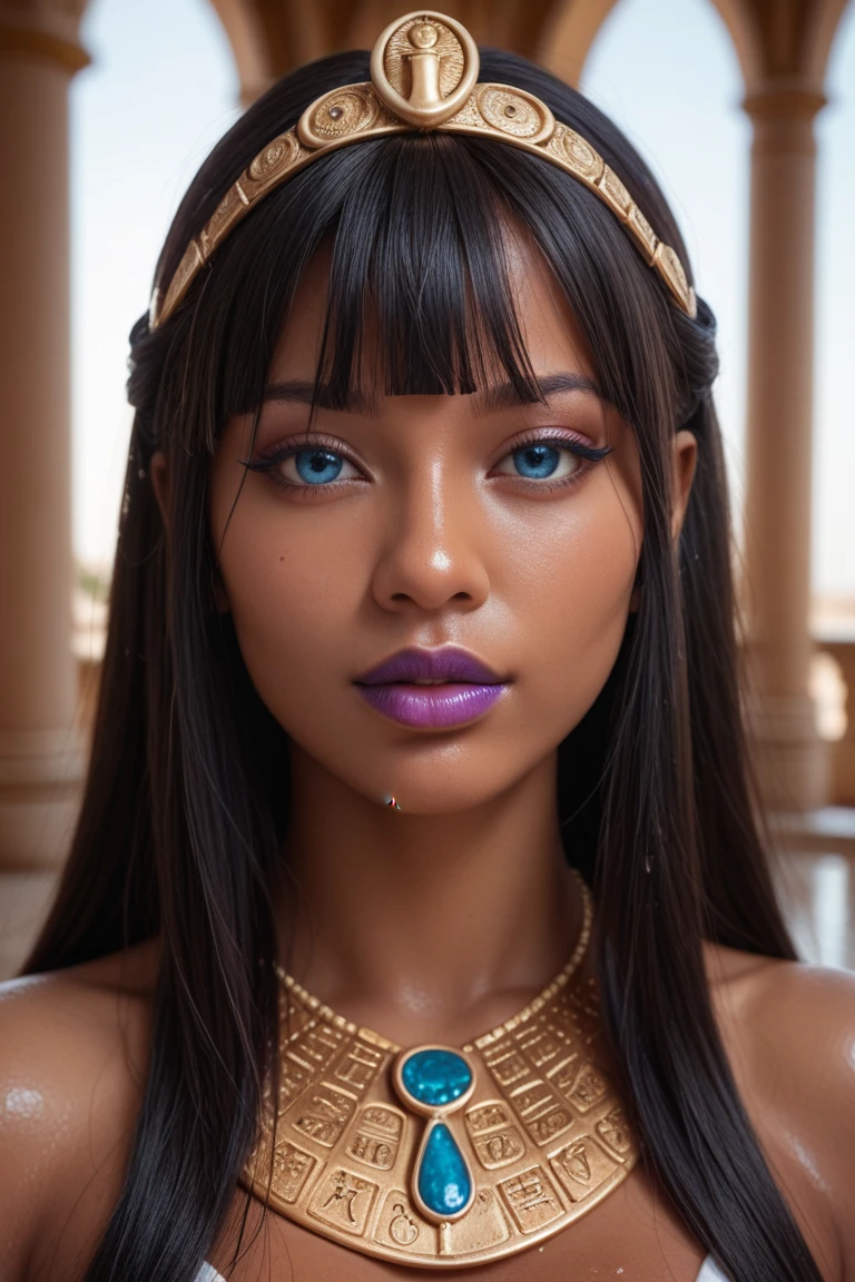 score_9, score_8_up, score_7_up, score_6_up, 1girl, solo, jewelry, rating: safe, brown_eyes, black_hair, lips, makeup, armlet, , egyptian, egyptian_clothes, dark_skin, nose, earrings, gold, lipstick, cleavage, realistic, looking_at_viewer, , open_mouth, piercing, gyaru, blunt_bangs, bangs, bob_cut, vampire, fangs, from_above, downblouse
