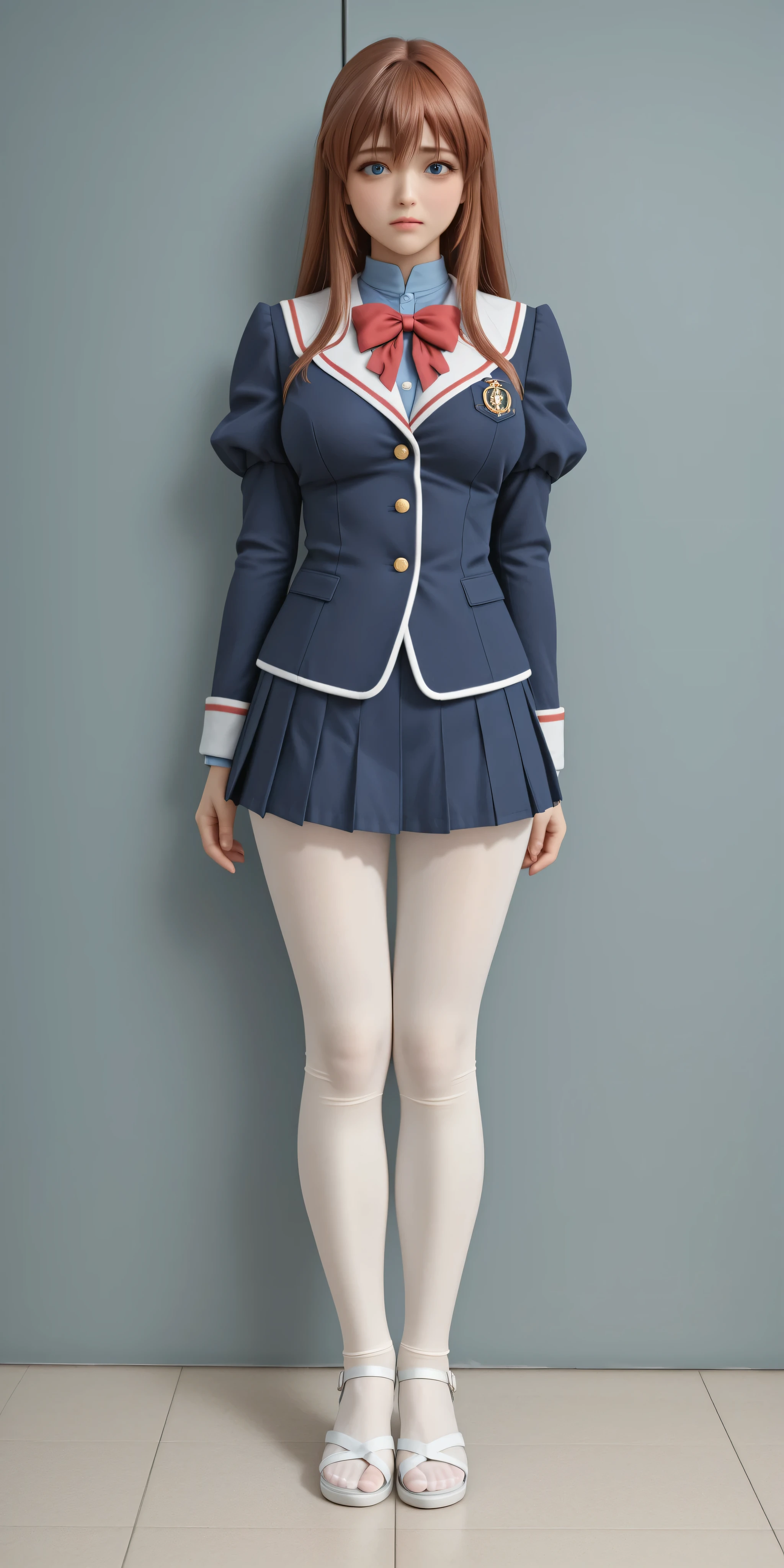 A very sexy girl [Kanzaki Aoi] with school uniform, Blazer blanco, puffed sleeves, navy blue pleated miniskirt with white trim, ((light and white tights)), with black high-heeled sandals. ((Measures: 90-60-90))