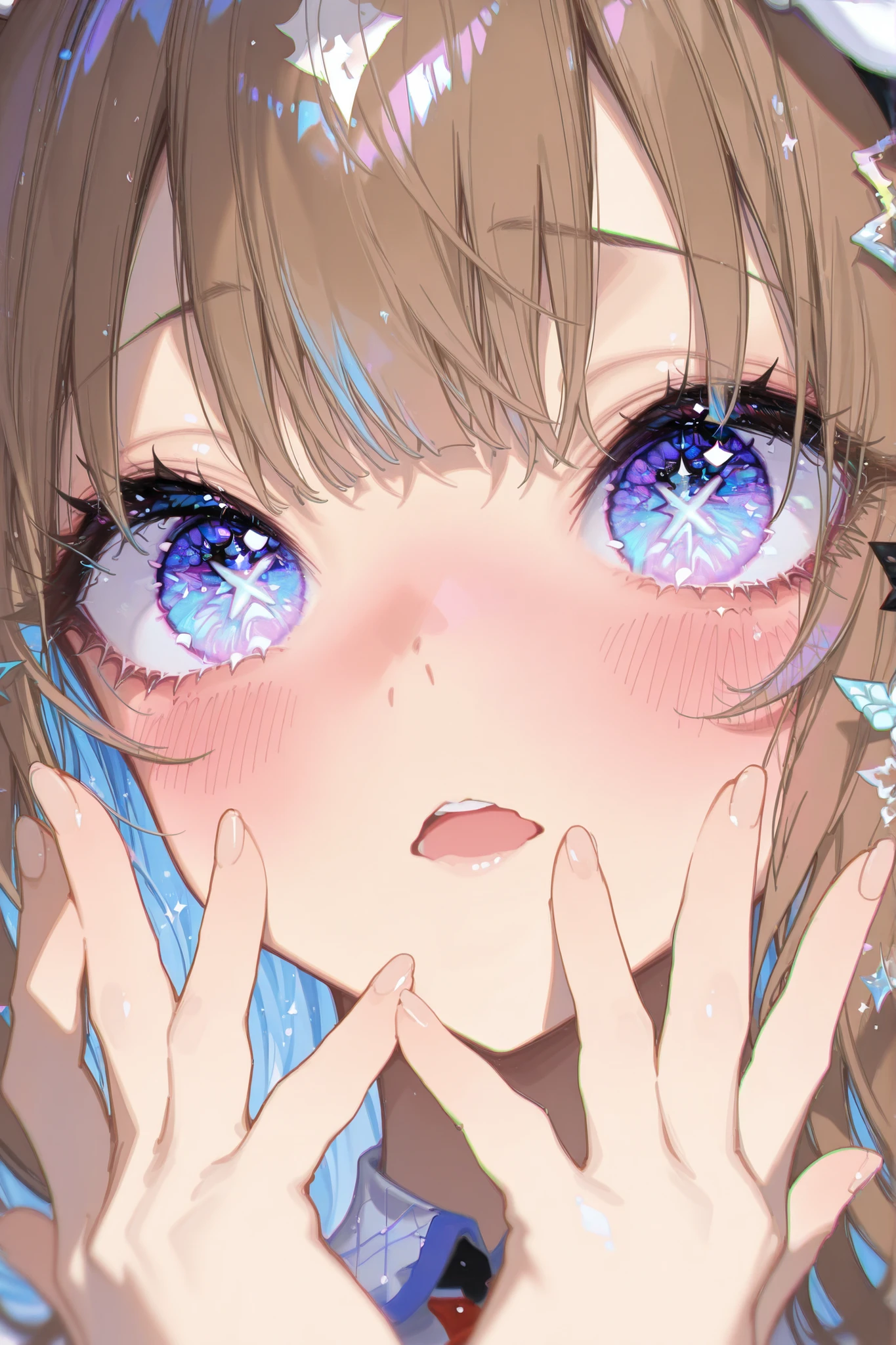 whnzz, enosan, masterpiece, high quality, best quality, detailed eyes, detailed hair, detailed skin, 8K, fine detail,  (masterpiece:1.2, top quality), detailed background, masterpiece, aegyo sal, Masterpiece, Highest Quality, solo,  yoneyama mai, blurry, chromatic aberration, portrait, close-up, aegyo sal, whnzz, mnmbcstyle, after sex, looking at viewer, spoken heart, embarrassed, five fingers, open mouth, almond eye \(umamusume\), beautiful eyes, cosmo eyes