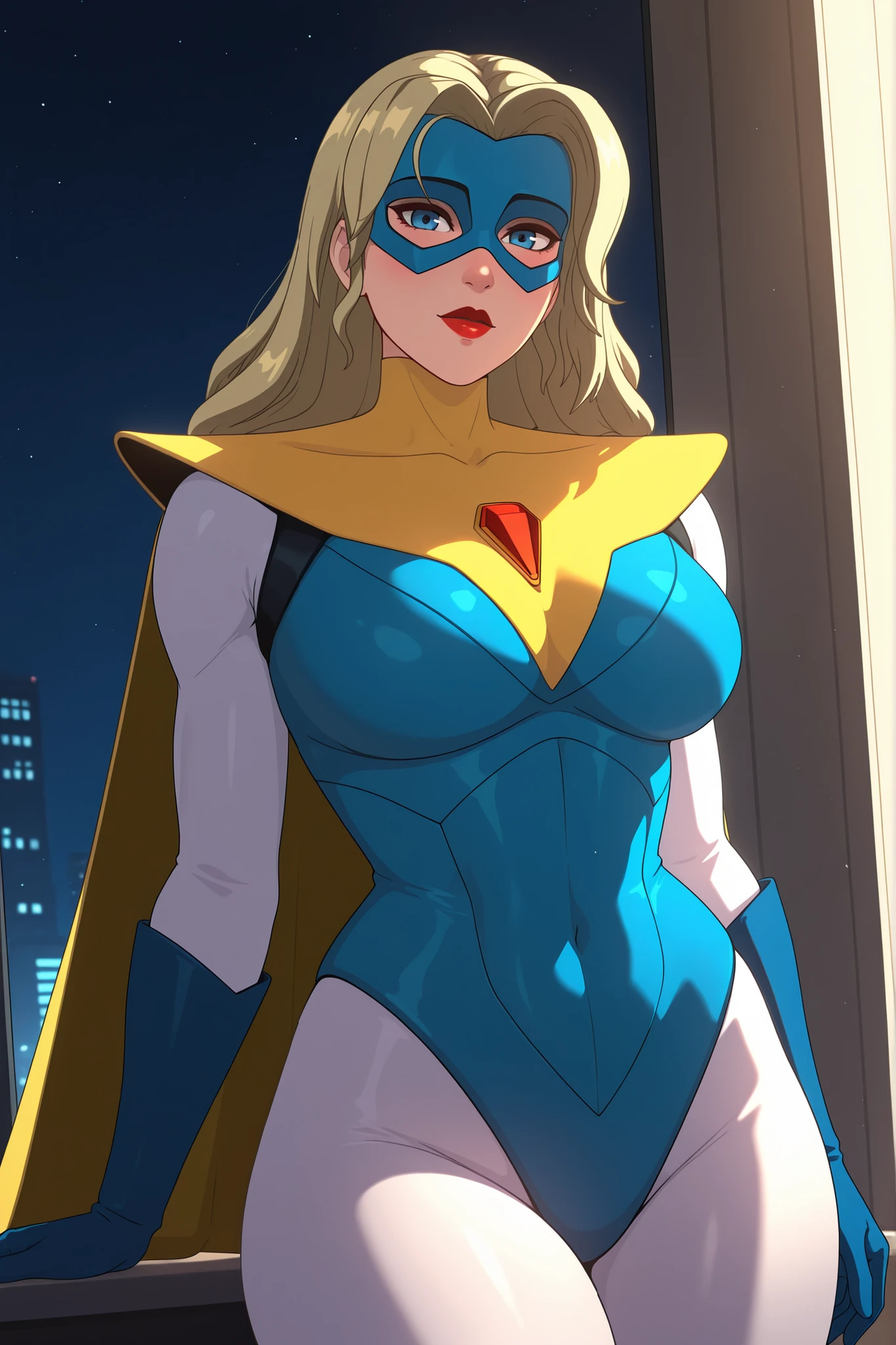 dispatch_blonde_blazer, blue and yellow superhero costume, looking at viewer,red lips, white long sleeves, blue gloves,mature woman, adult,narrow waist, curvy, juicy thighs,blushing, yellow shoulders, cowboy shot, big breasts, perfect thighs, closer up,