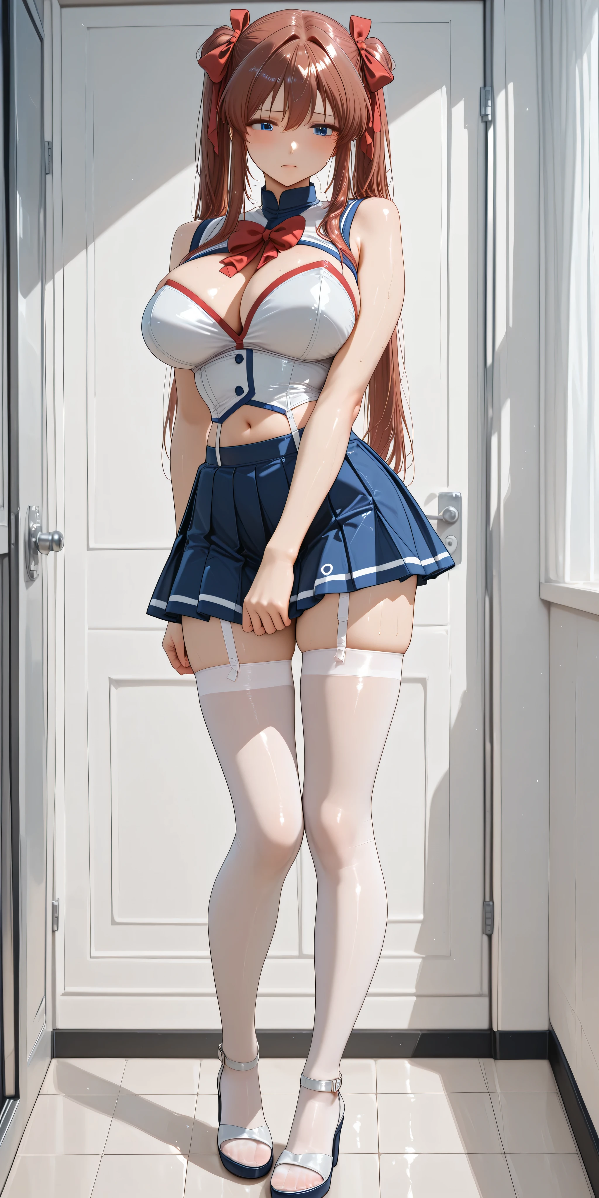 A very sexy girl [Kanzaki Aoi], with white satin bustier, sleeveless, thin straps. navy blue pleated miniskirt with white trim, ((light:1.5 and white tights)), with black high-heeled sandals. ((Measures: 120-60-90))