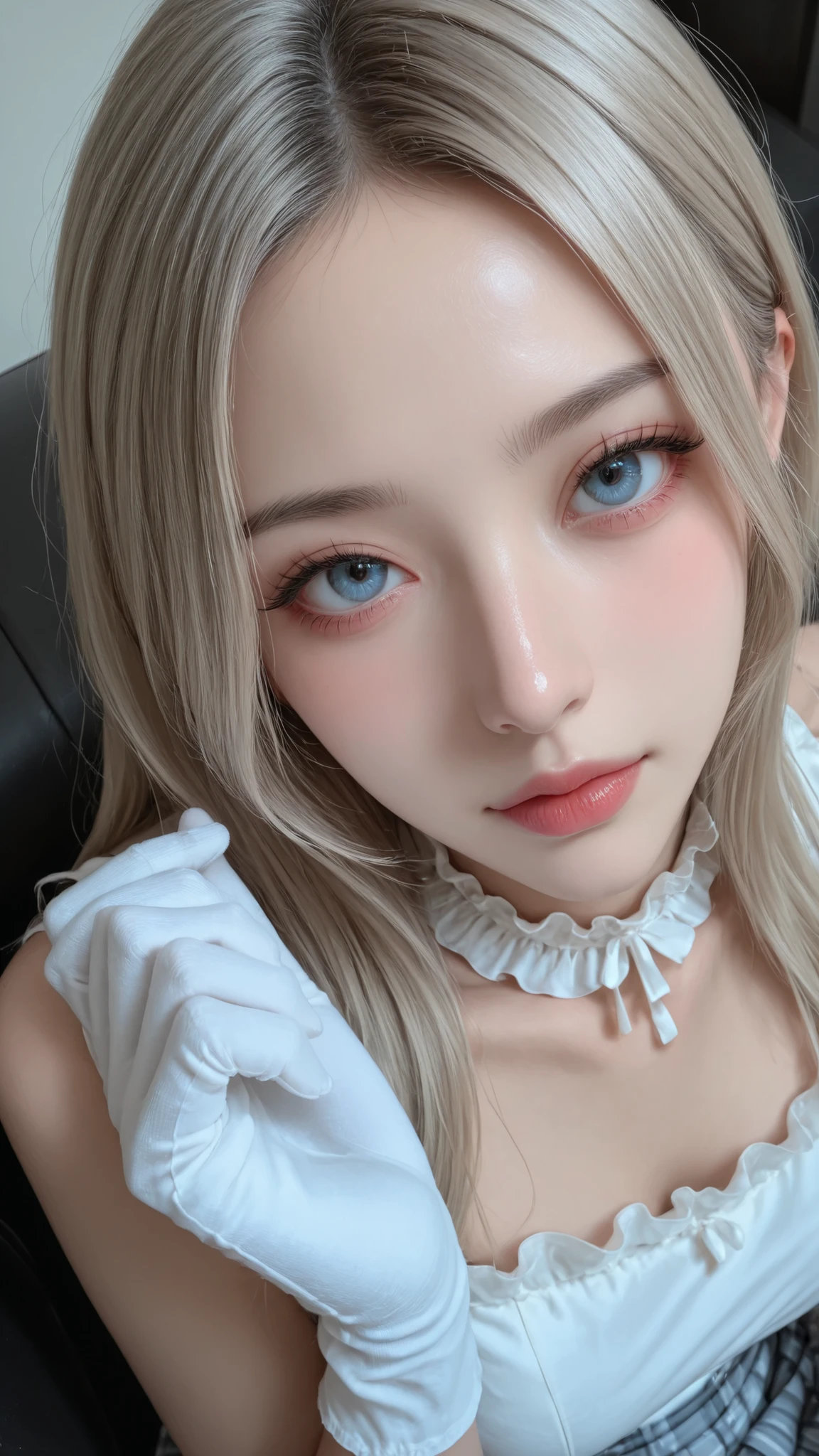 Masterpiece, detailed, high quality, top quality, 特別に演出されたシーン、close up portrait, from chest up, ポニーテールの日本人女が夕日に照らされて光が反射しています、detailed cute k-pop idol face, high resolution beautiful face, stand and spread legs wide, 女性は透明なレインコートを着ています、女性は透明なセクシャルなパンツを履いています、私は女性の大きなレースのブラを見ることができます、女性は見えないパンティを着用しています、 女性はパンストを履いています、女性は白い光沢のあるレスリングブーツを履いています、白い膝当て、too short frill skirt, thick thigh, white gloves, 大きく太い機械を手に持っています、彼女はビルの外の階段を登っています、幾何学的で複雑すぎる模様の壁、白いシロップが付いた壁、背景に光る雲がある、高画質、高品質な、リアリスティック・オン・フォー、8k、super dynamic angle, as action cinema, as official art, as cover art concept, no text, (((from dynamic view))), face from above, ((realistic super detailed neck)), beautiful eyes,